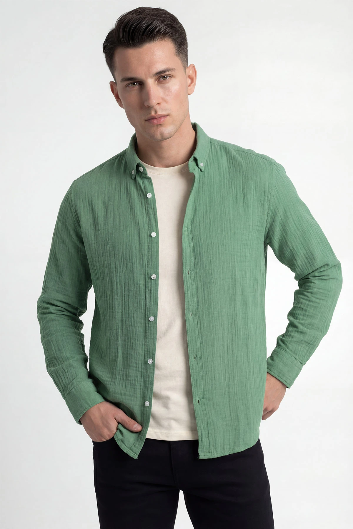 Yeşil Relaxed Fit Müslin Keten Ata Yaka Erkek Gömlek 435748