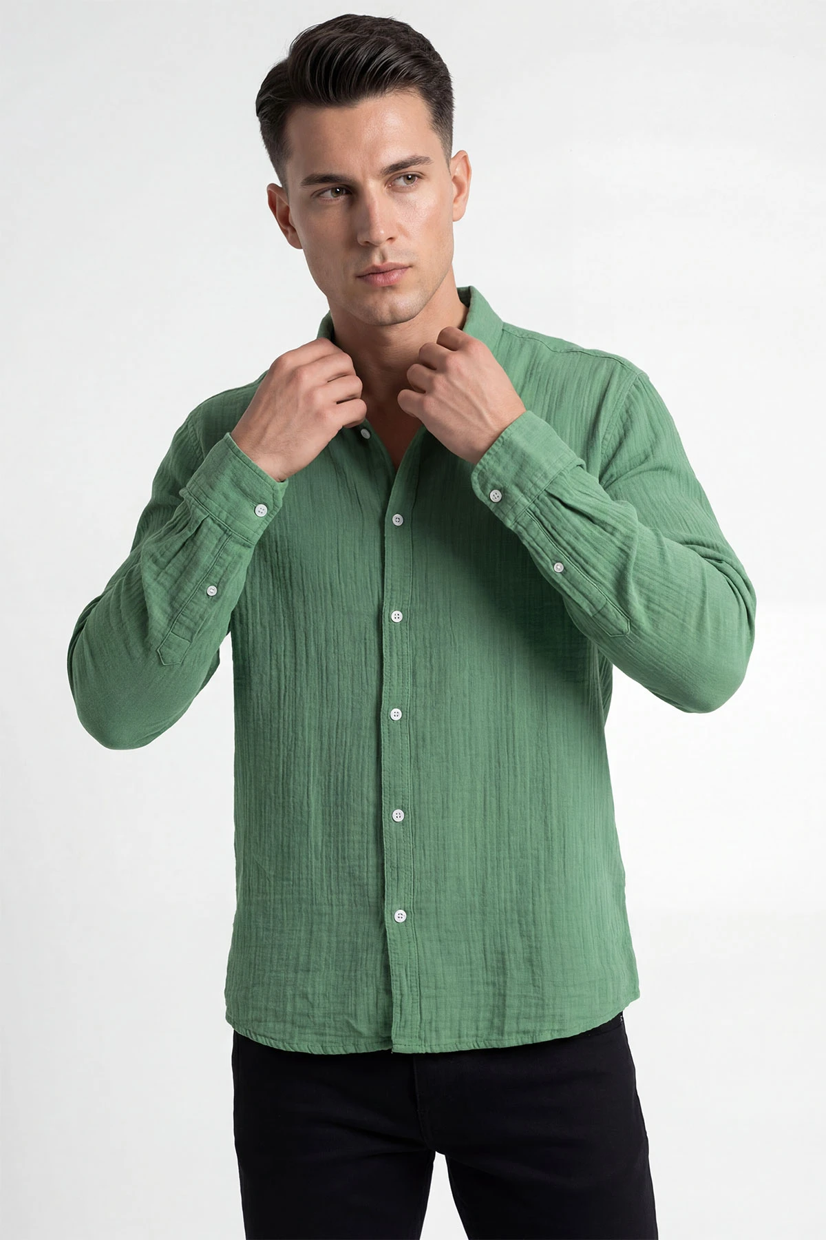 Yeşil Relaxed Fit Müslin Keten Ata Yaka Erkek Gömlek 435748