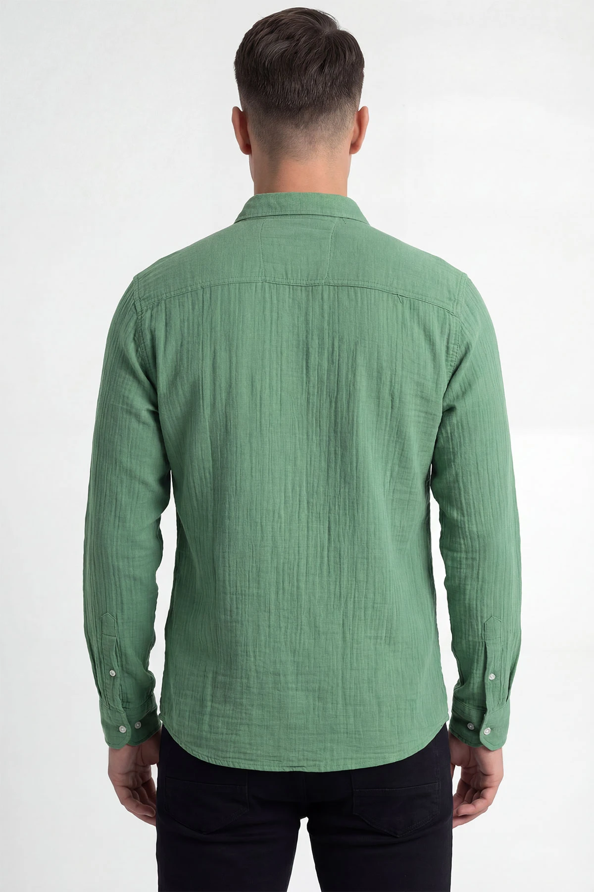 Yeşil Relaxed Fit Müslin Keten Ata Yaka Erkek Gömlek 435748