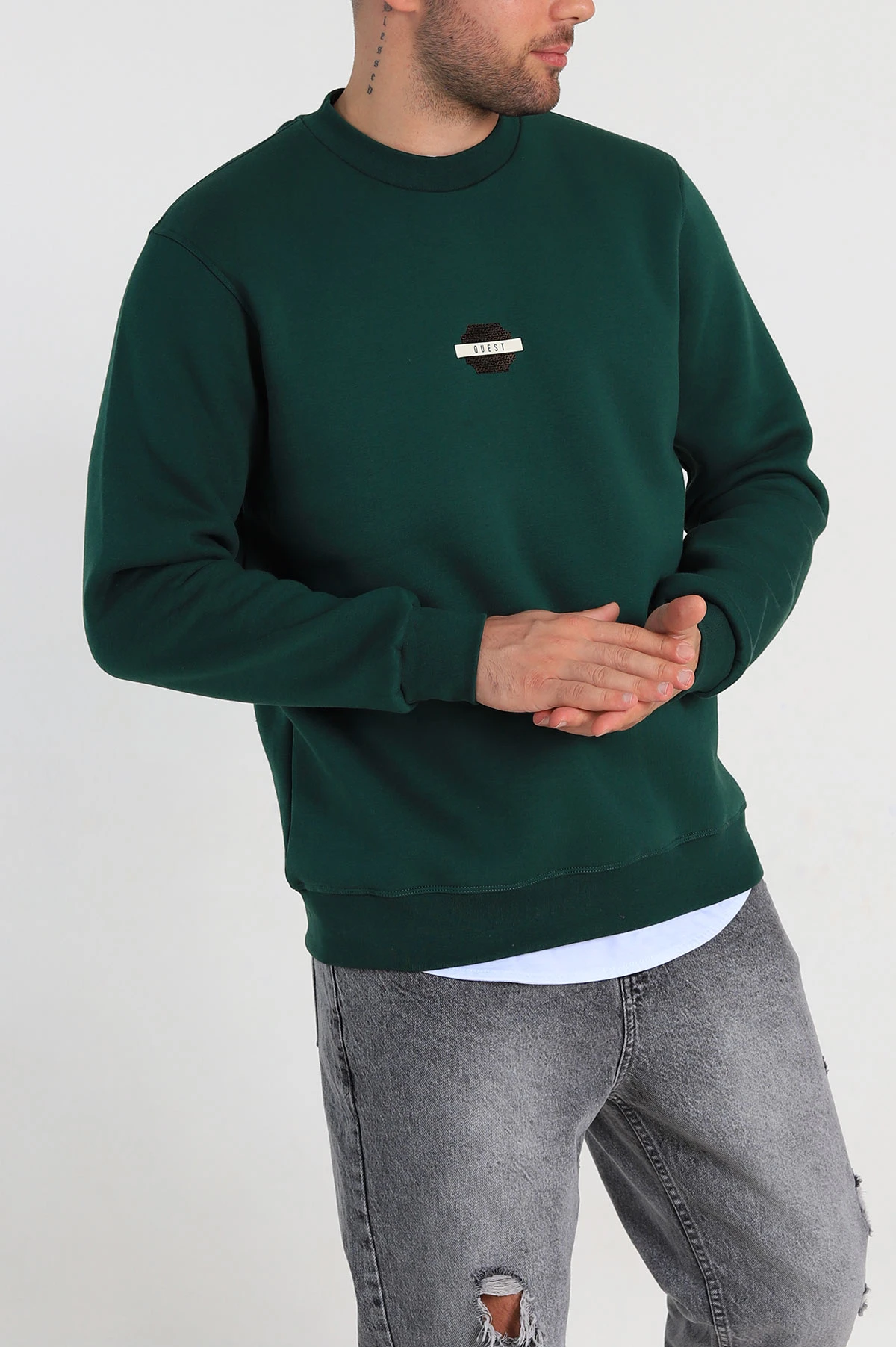 Yeşil Relaxed Fit Üç İp Şardonlu Logo Detaylı Erkek Sweatshirt 309855