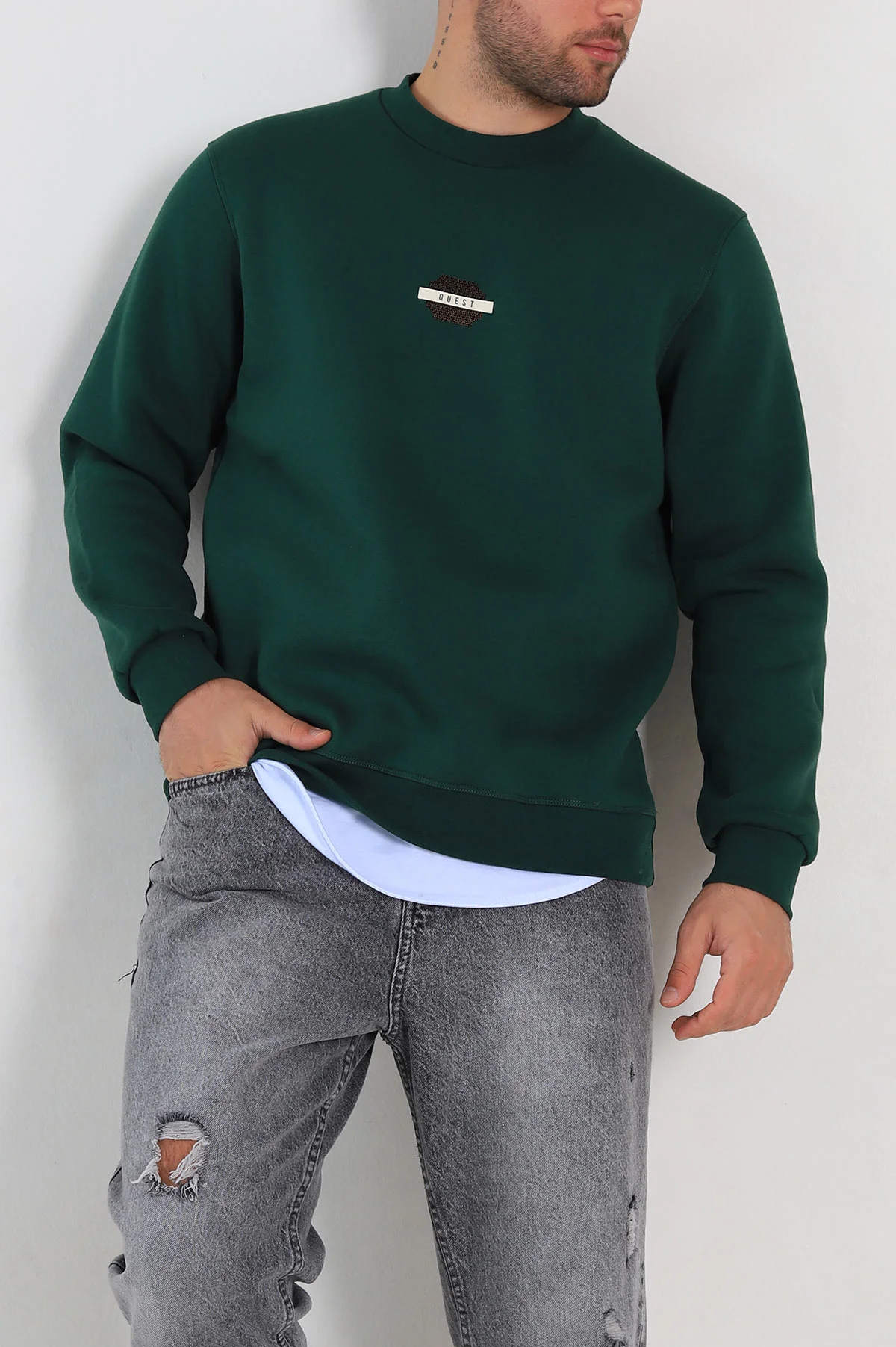 Yeşil Relaxed Fit Üç İp Şardonlu Logo Detaylı Erkek Sweatshirt 309855