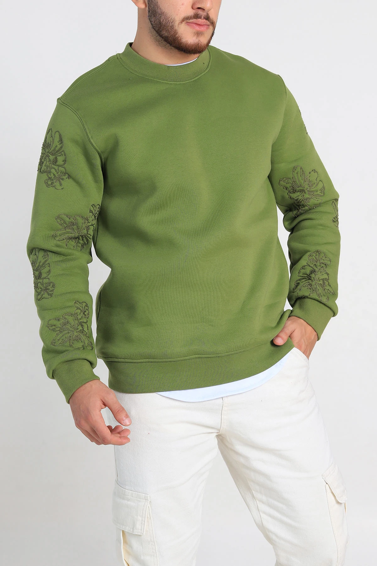 Yeşil Relaxed Fit Üç İp Şardonlu Nakış Detaylı Erkek Sweatshirt 311183