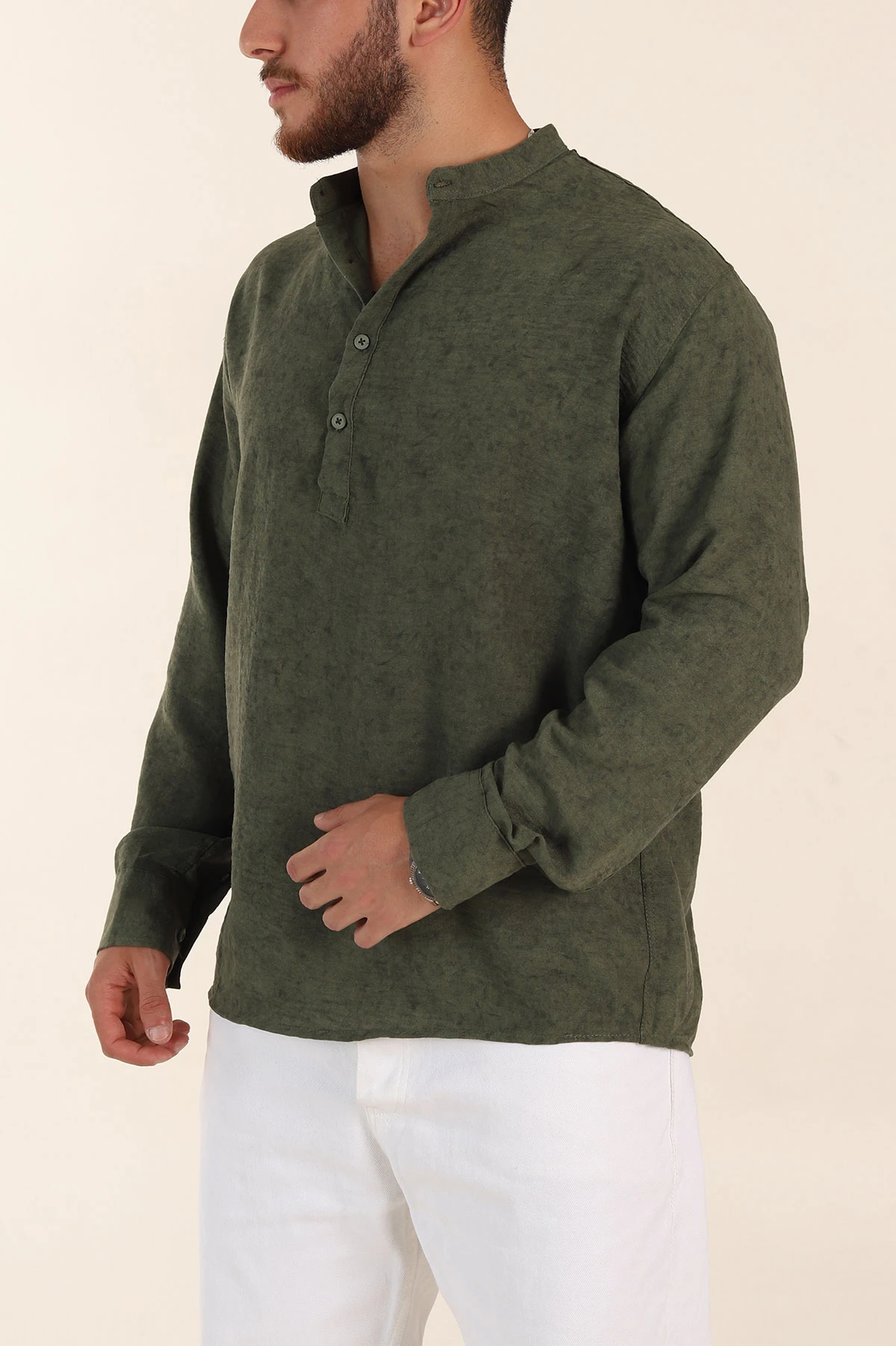 Yeşil Relaxed Fit Yarım Düğmeli Hakim Yaka Uzun Kollu Erkek Gömlek 369362