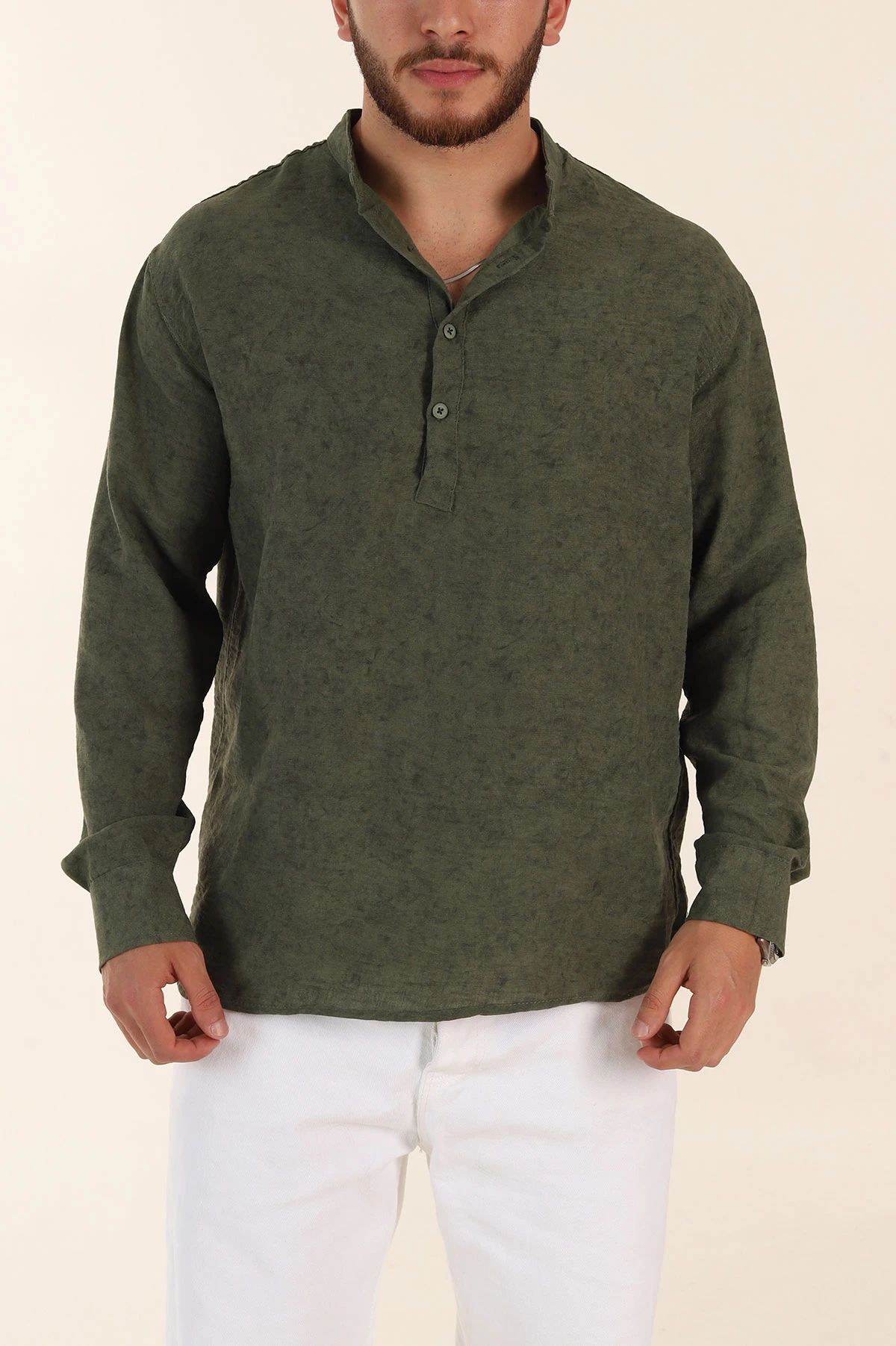 Yeşil Relaxed Fit Yarım Düğmeli Hakim Yaka Uzun Kollu Erkek Gömlek 369362