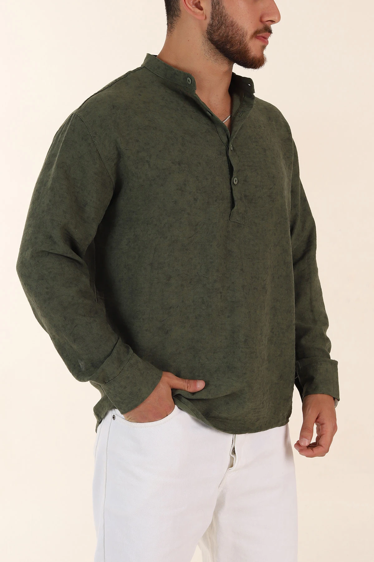 Yeşil Relaxed Fit Yarım Düğmeli Hakim Yaka Uzun Kollu Erkek Gömlek 369362
