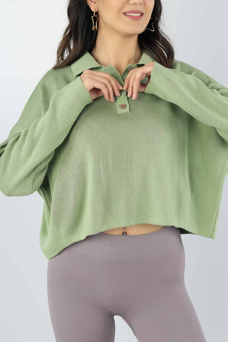 Yeşil Salaş Kesim Bayan Crop Triko Kazak 53496
