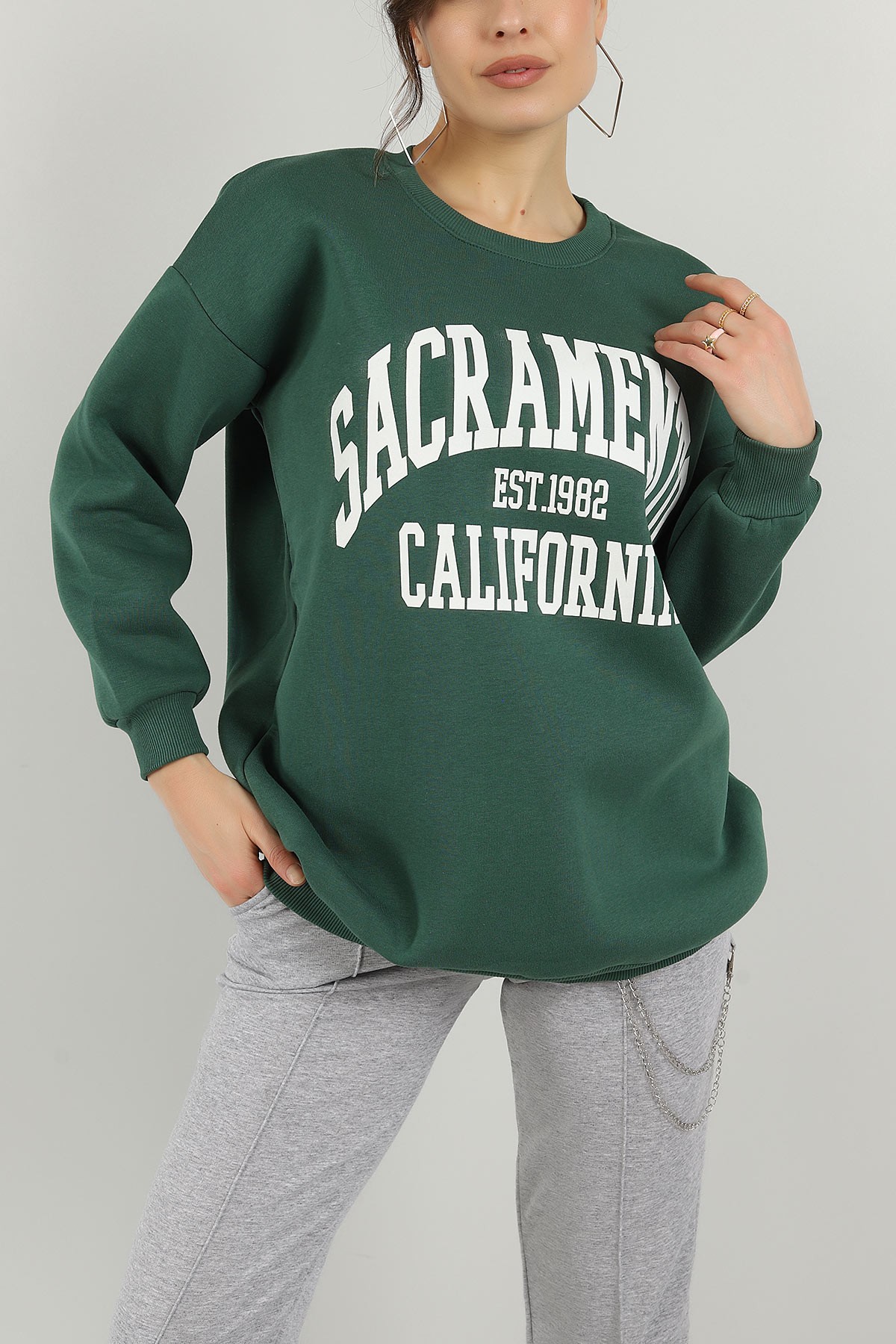 Yeşil Şardonlu Baskılı Bayan Sweat 145370