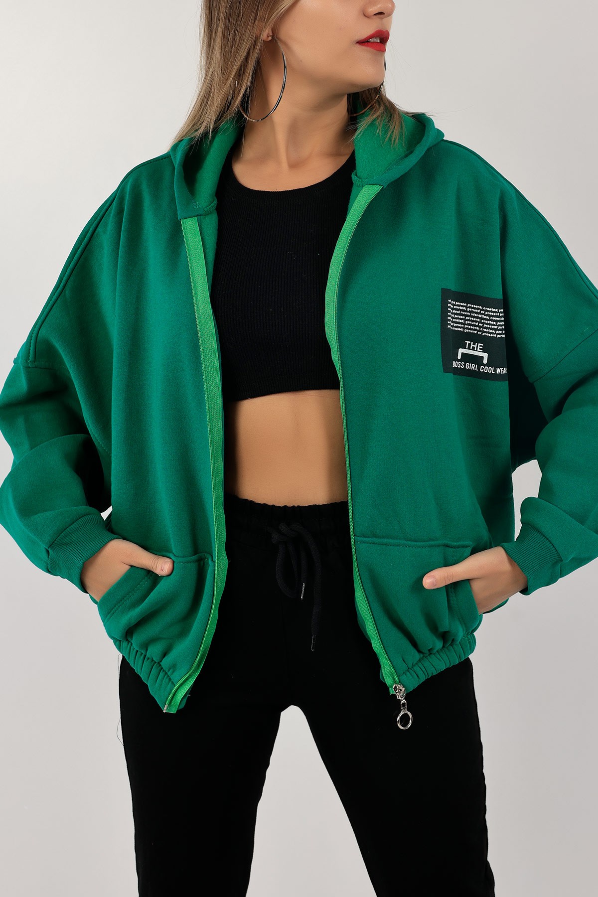 Yeşil Şardonlu Bayan Fermuarlı Sweat 132388