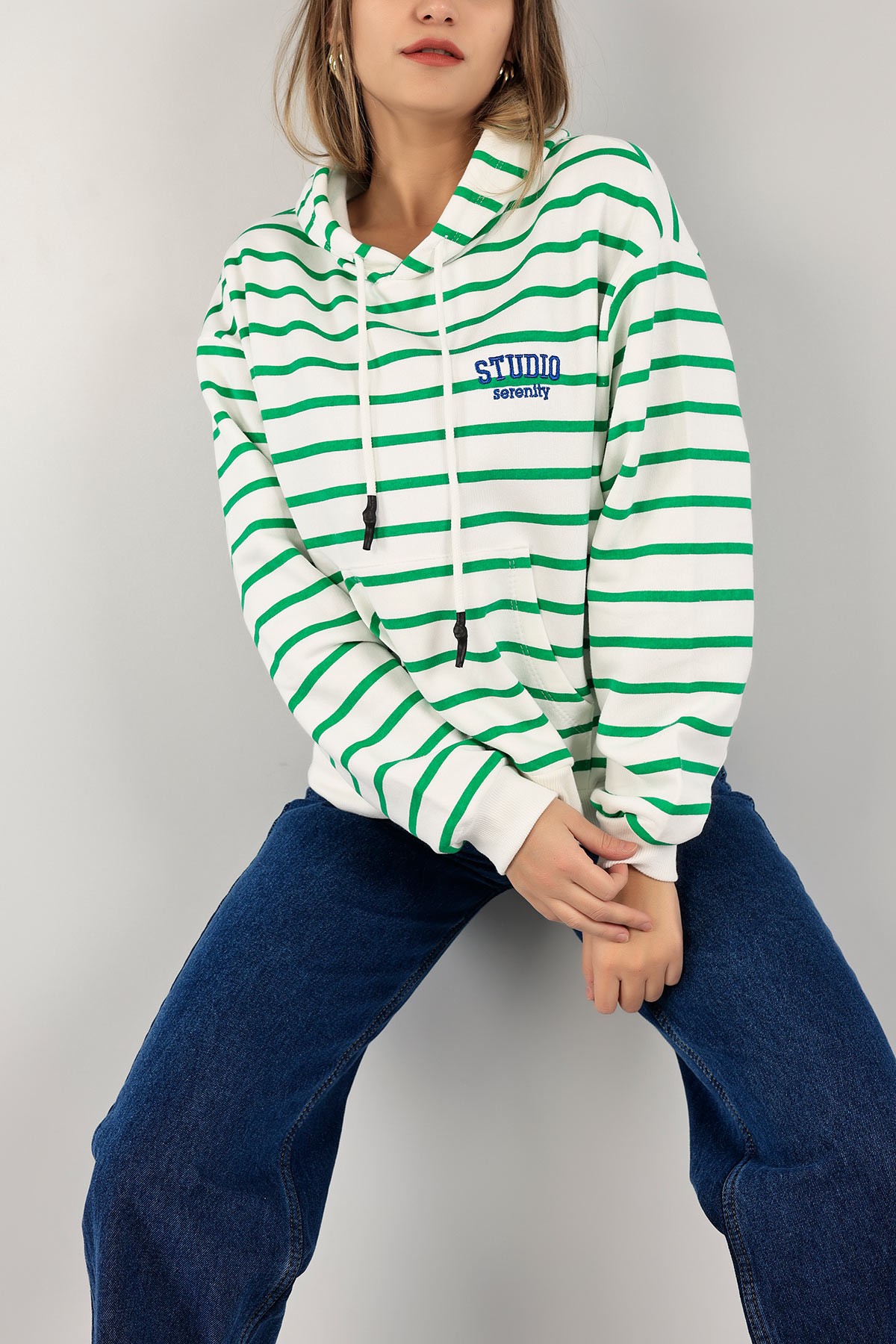 Yeşil Şardonlu Kapüşonlu Bayan Sweat 142365