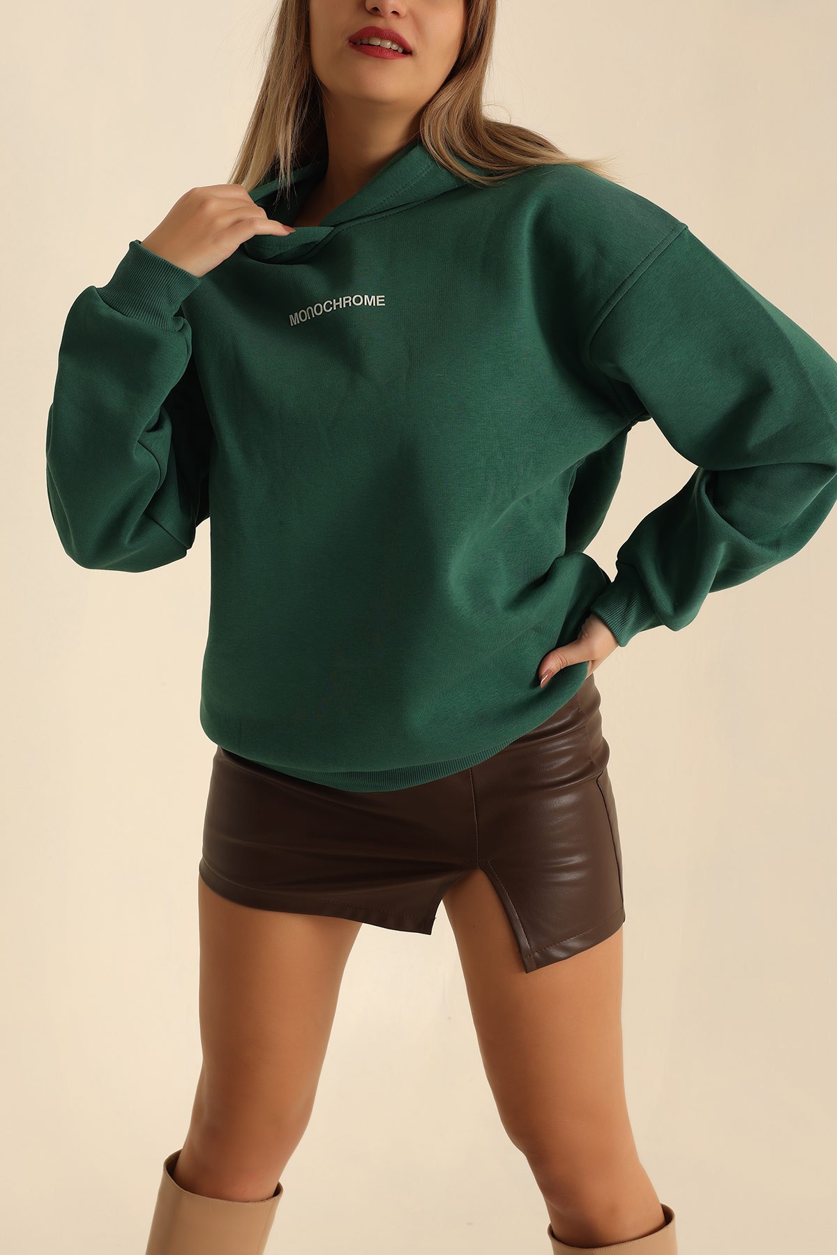 Yeşil Şardonlu Kapüşonlu Bayan Sweat 222808