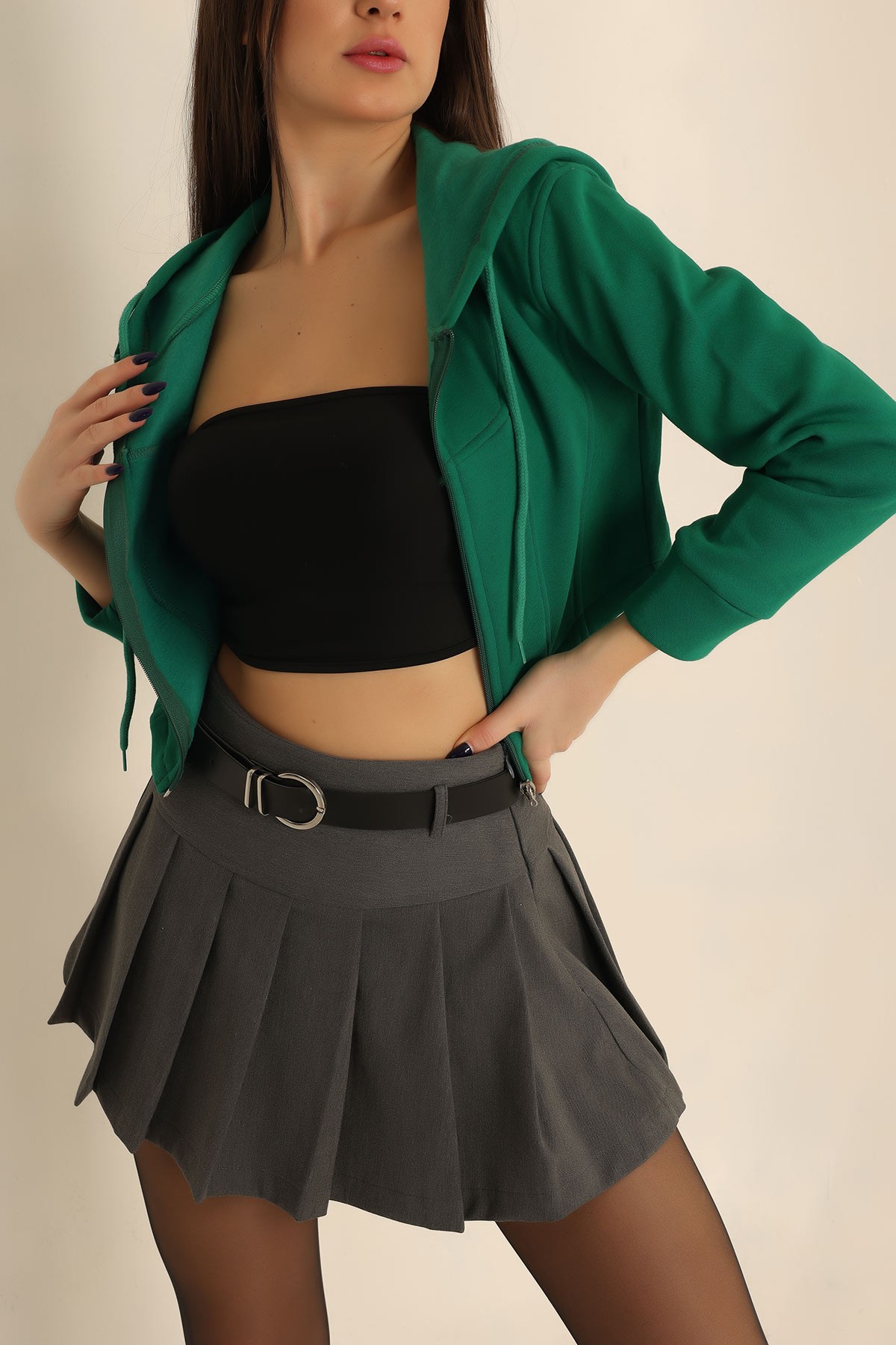 Yeşil Şardonlu Kapüşonlu Bayan Sweat 223902