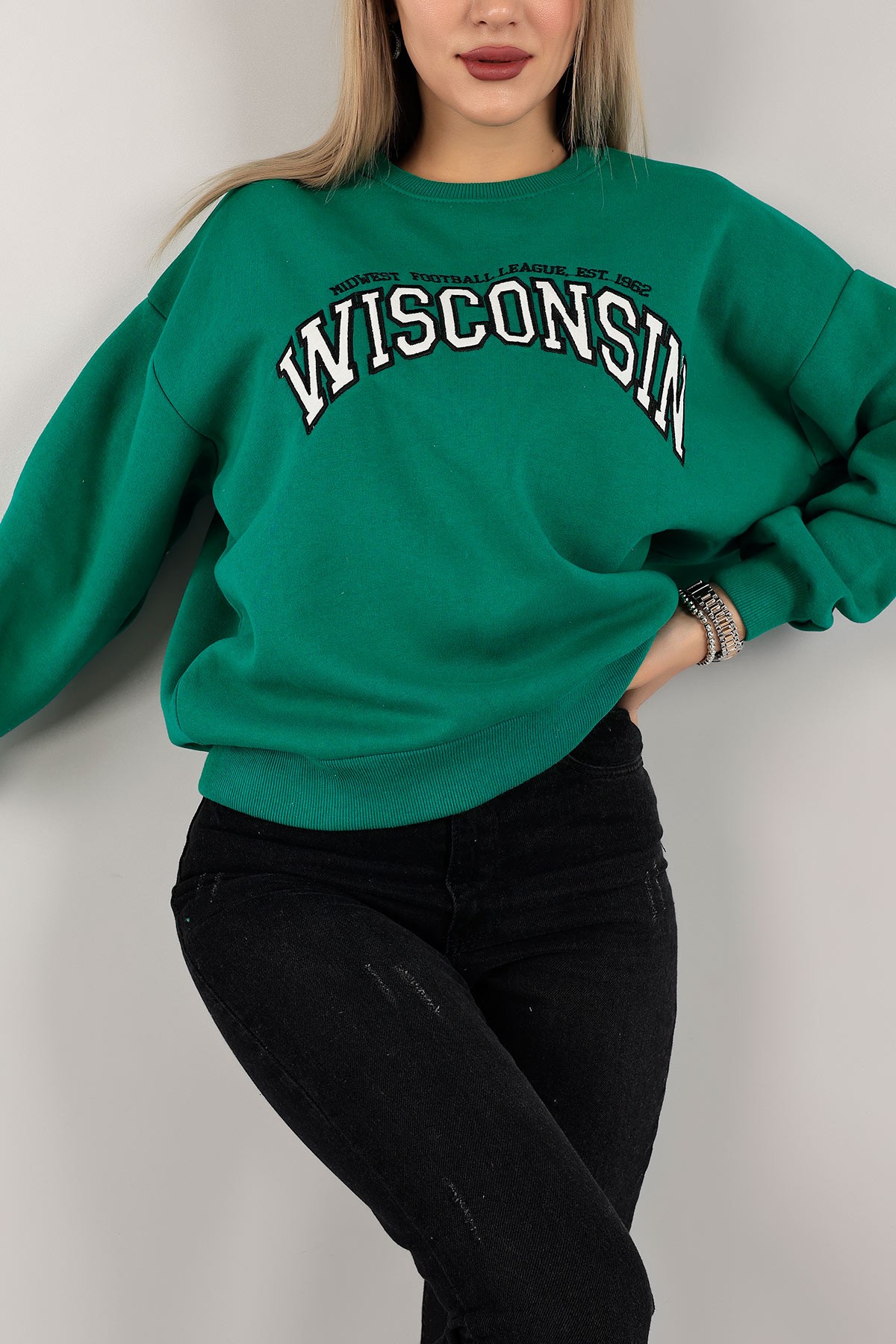 Yeşil Şardonlu Nakışlı Bayan Sweat 143462
