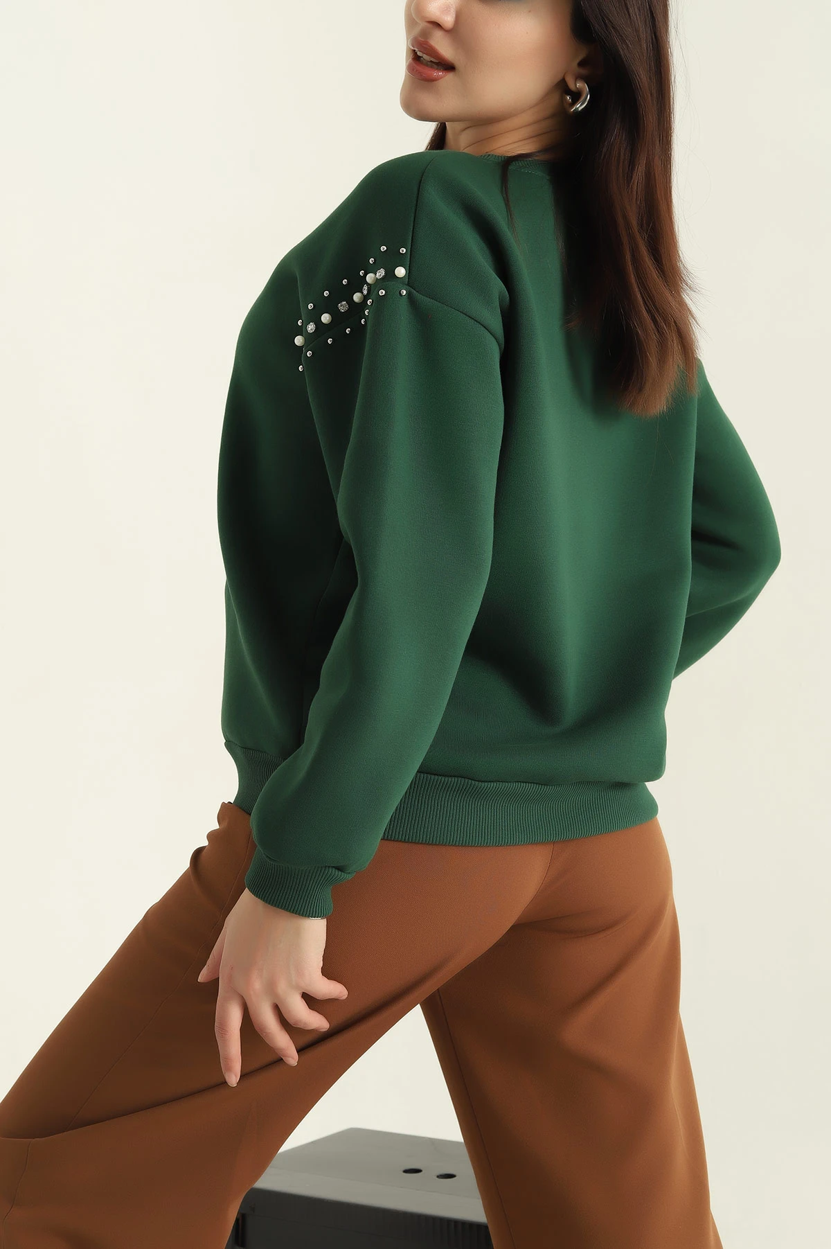 Yeşil Şardonlu Taşlı İki İp Bayan Sweat 326866