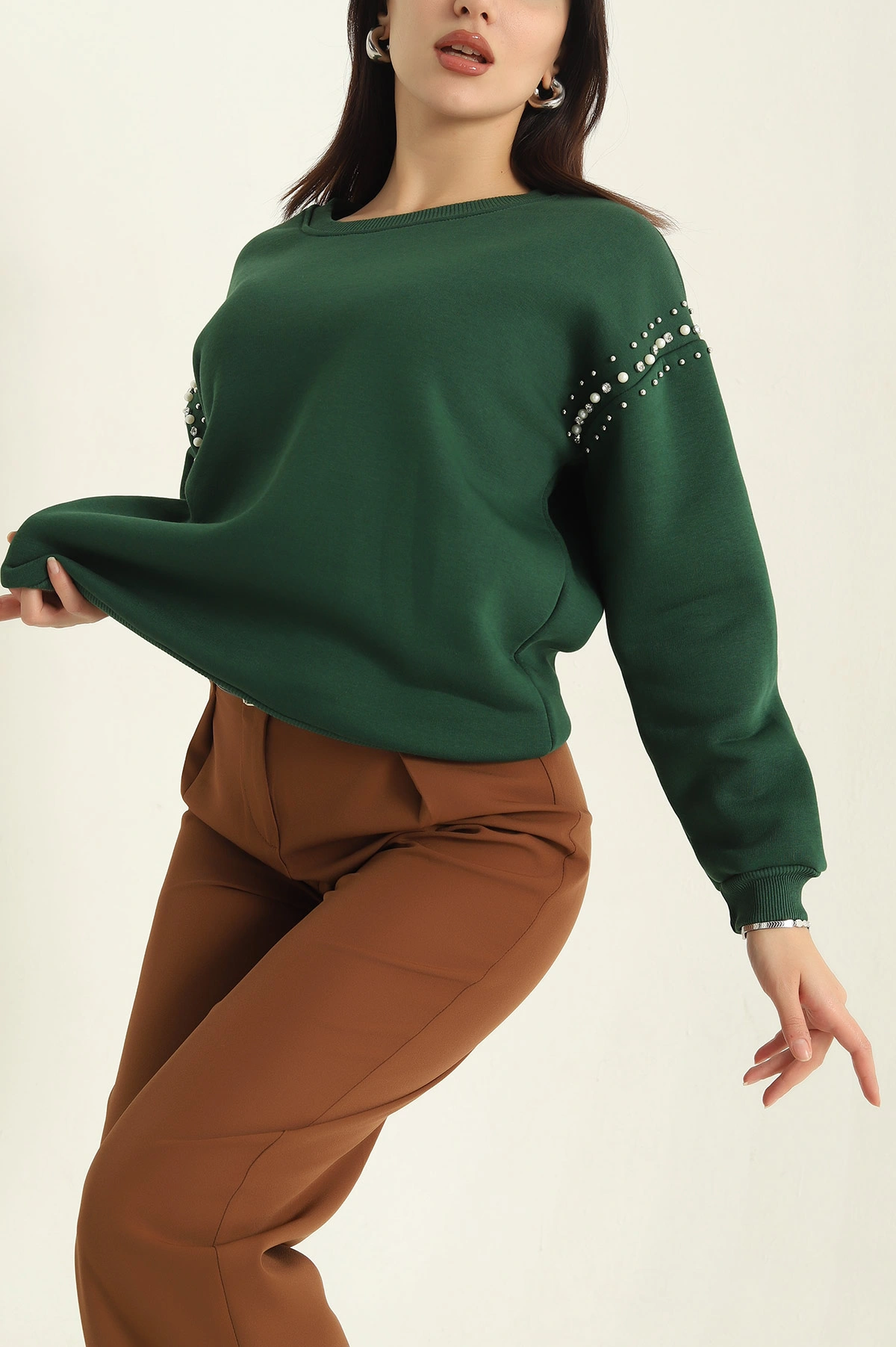 Yeşil Şardonlu Taşlı İki İp Bayan Sweat 326866
