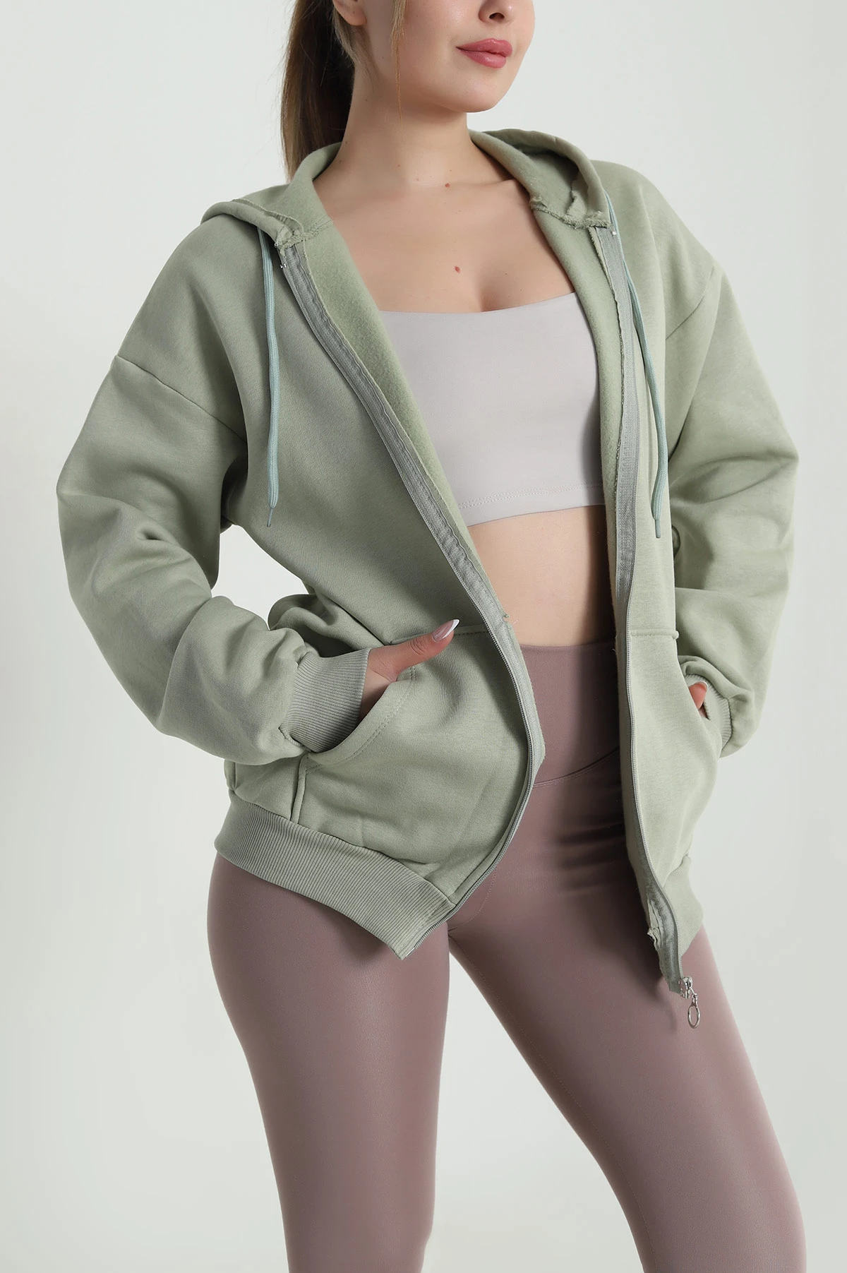 Yeşil Şardonlu Üç İp Fermuarlı Kadın Sweat 485281