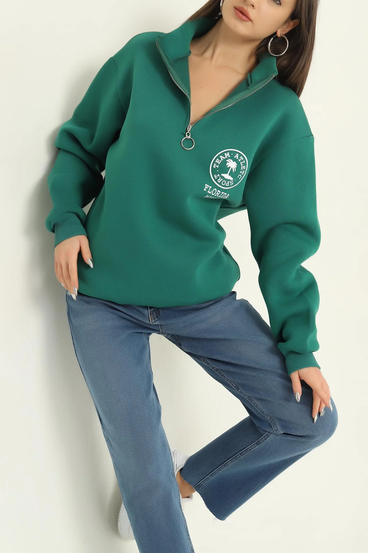 Yeşil Şardonlu Yarım Fermuarlı Bayan Sweat 326426