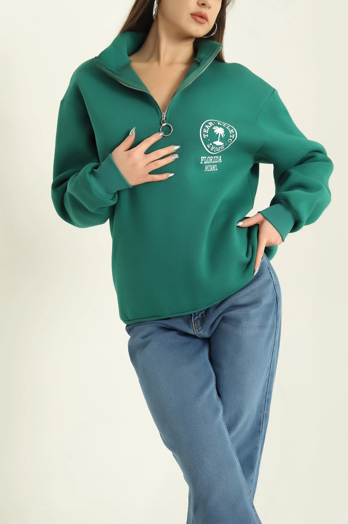 Yeşil Şardonlu Yarım Fermuarlı Bayan Sweat 326426