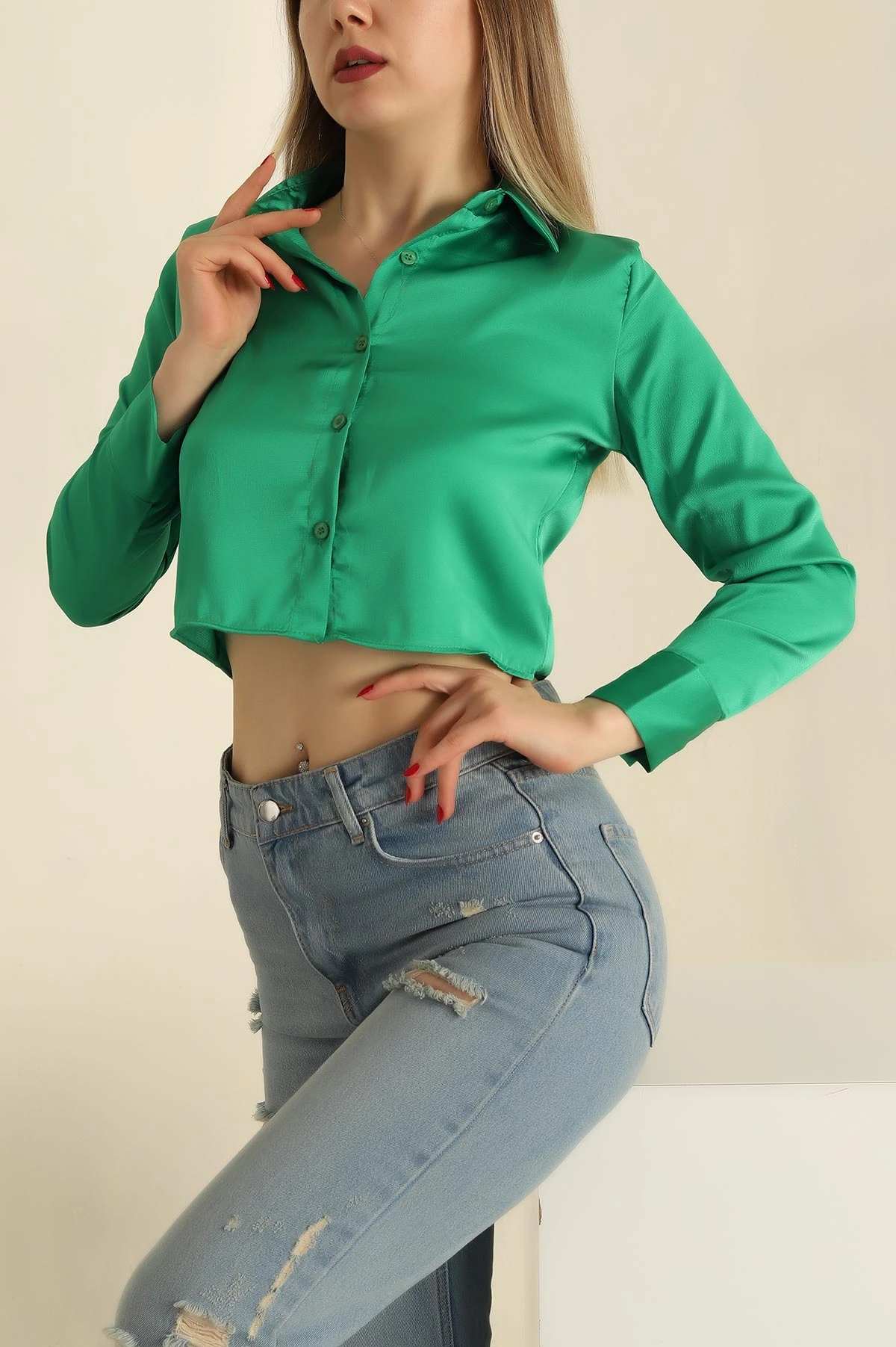 Yeşil Saten Bayan Gömlek 269718