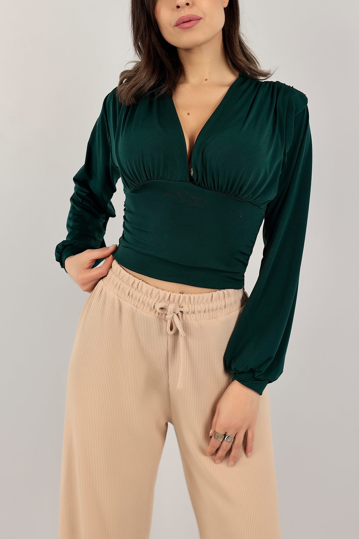 Yeşil Sendy Kumaş V Yaka Bluz 142733