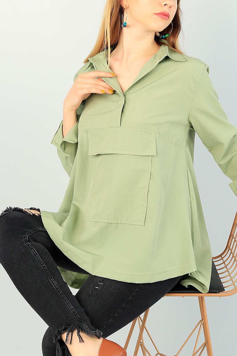 Yeşil Sıkmalı Tasarım Poplin Tunik 70944