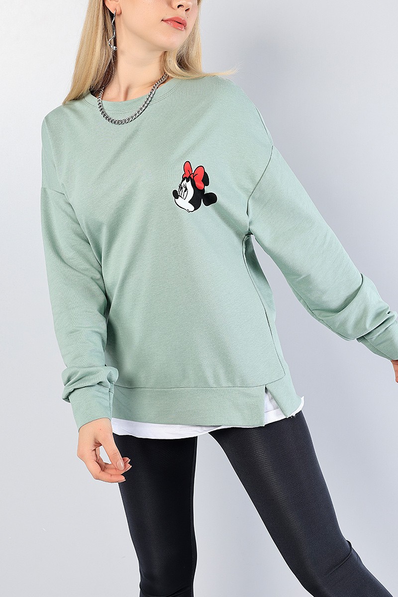 Yeşil Sırt Baskılı Garnili Bayan Sweat 81188