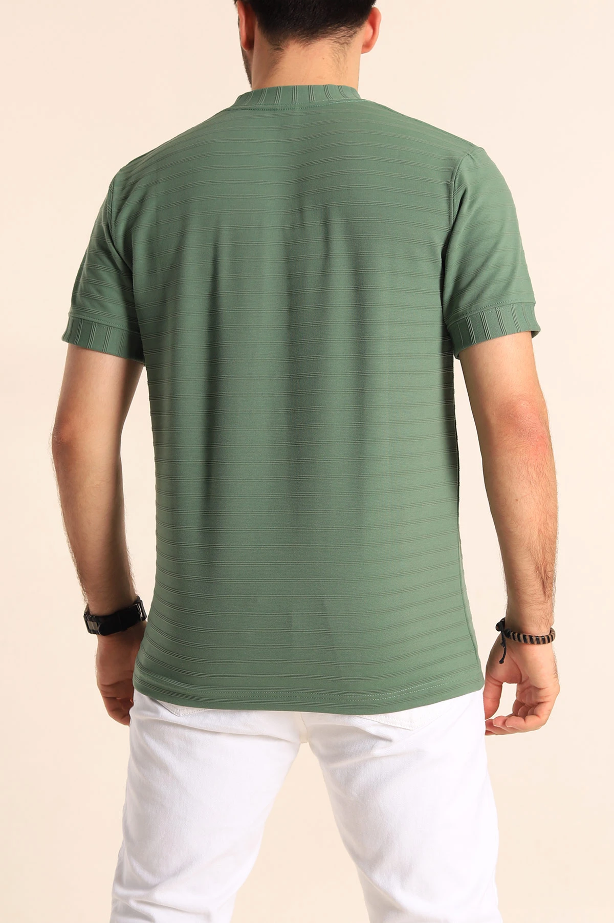 Yeşil Slim Fit Çizgi Detay Likralı Erkek Tişört 248118