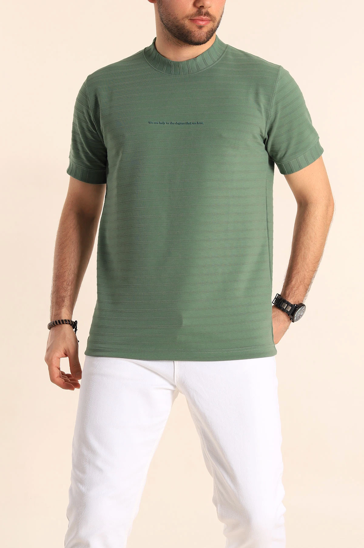Yeşil Slim Fit Çizgi Detay Likralı Erkek Tişört 248118