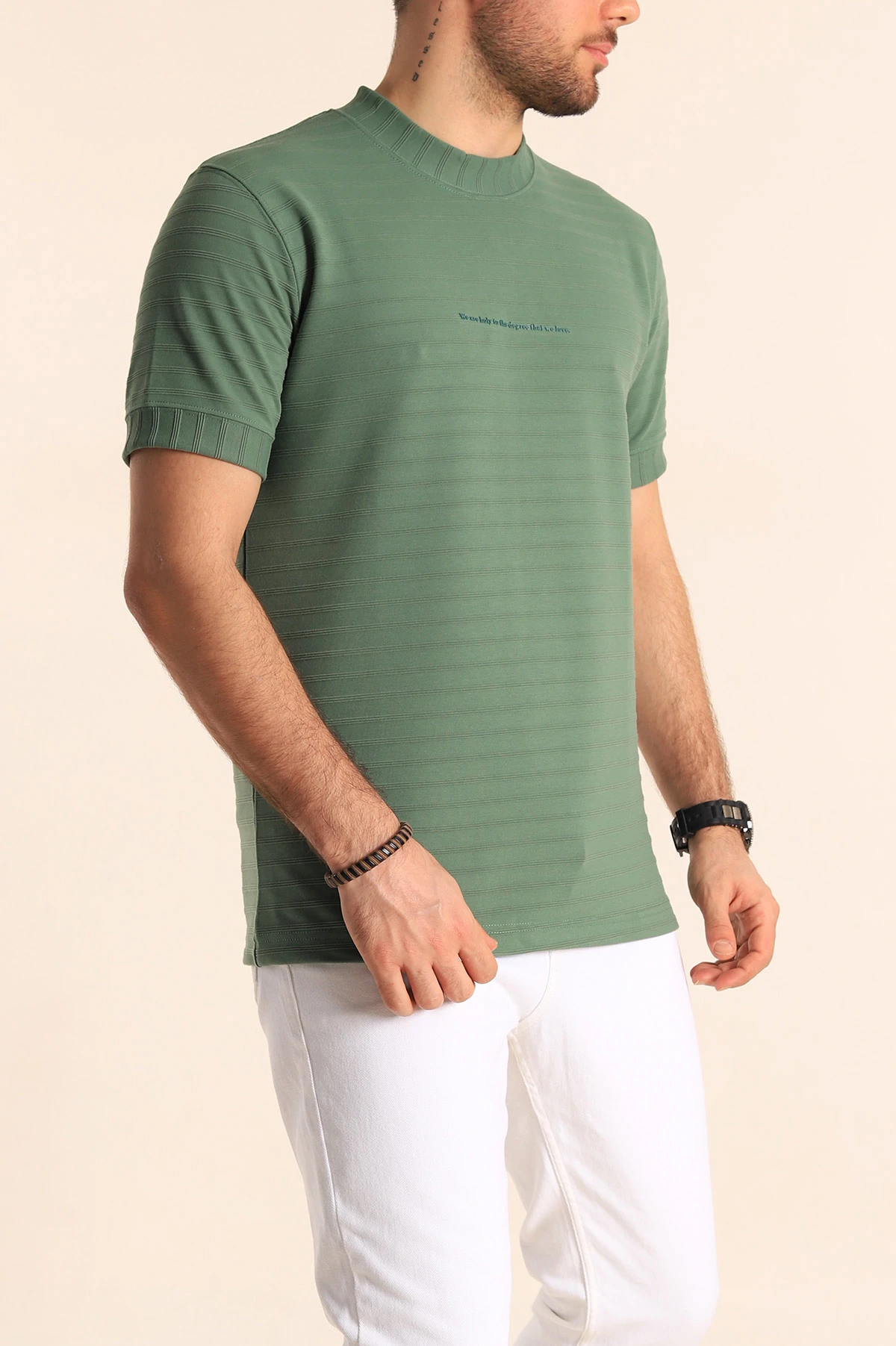 Yeşil Slim Fit Çizgi Detay Likralı Erkek Tişört 248118