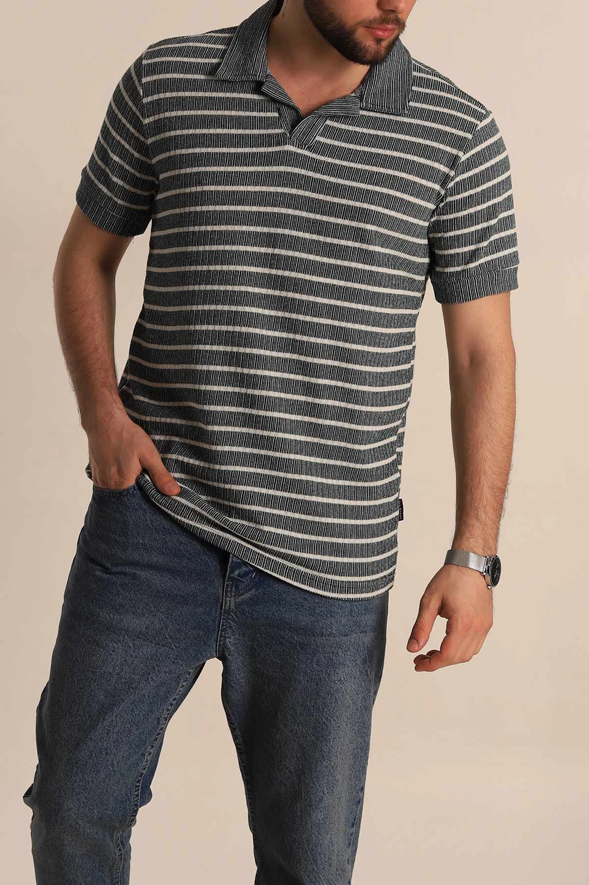 Yeşil Slim Fit Çizgili Polo Yaka Erkek Tişört 276015