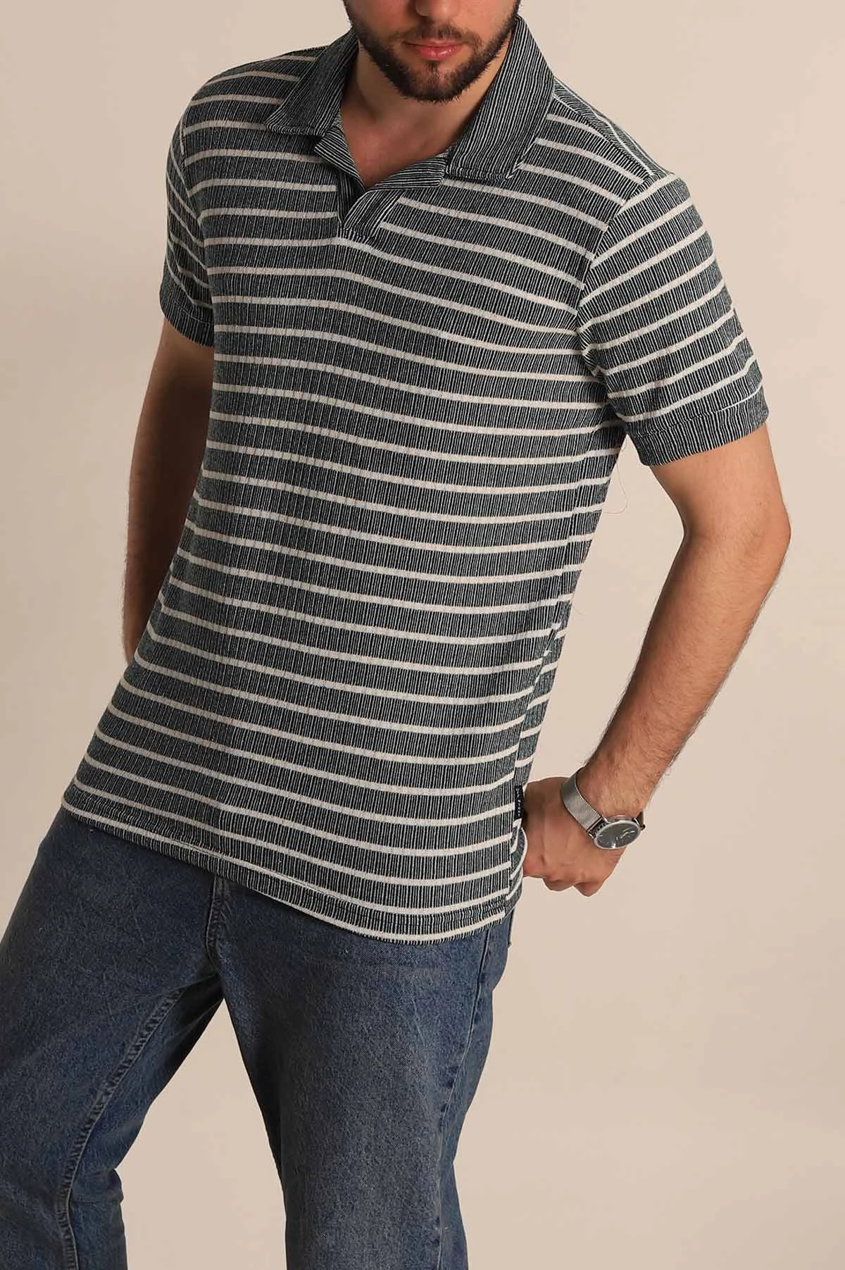Yeşil Slim Fit Çizgili Polo Yaka Erkek Tişört 276015