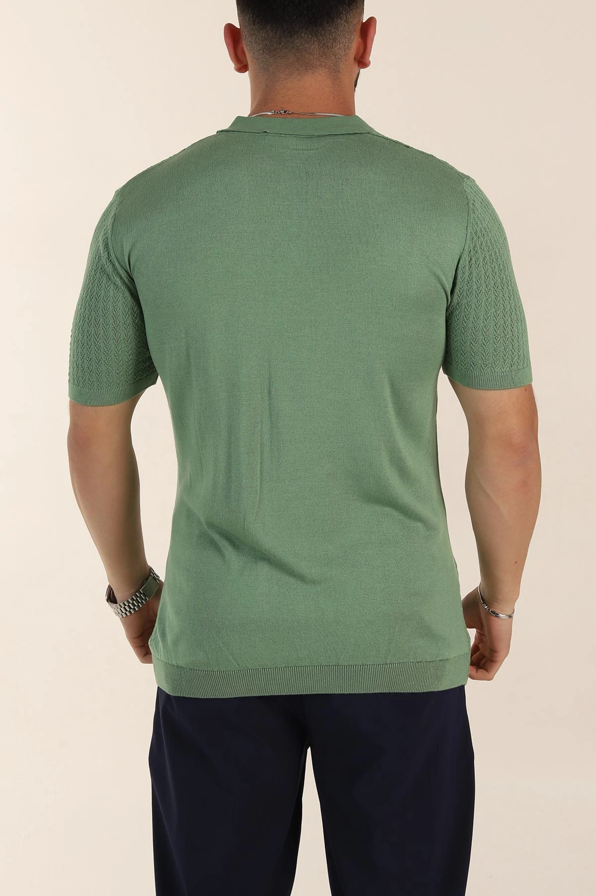Yeşil Slim Fit Desenli Düğmeli Polo Yaka Erkek Tişört 358317