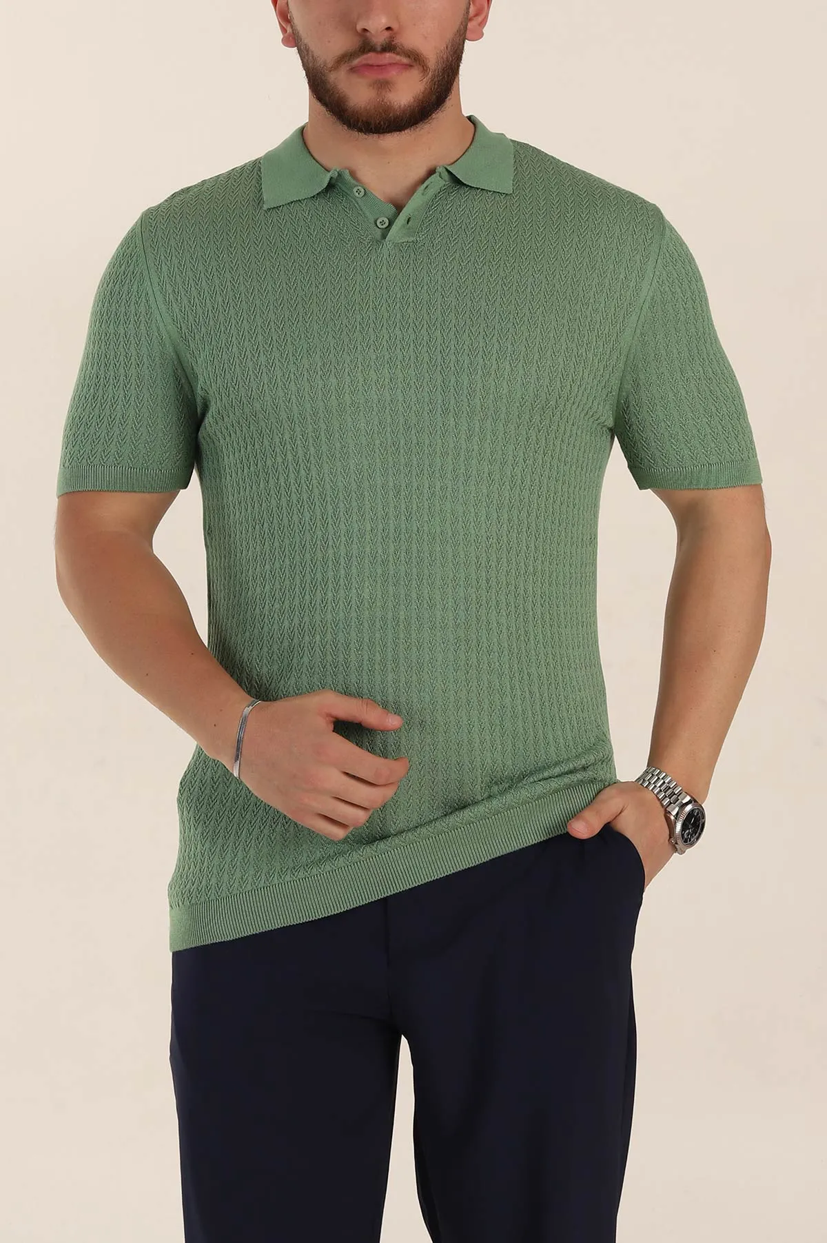 Yeşil Slim Fit Desenli Düğmeli Polo Yaka Erkek Tişört 358317