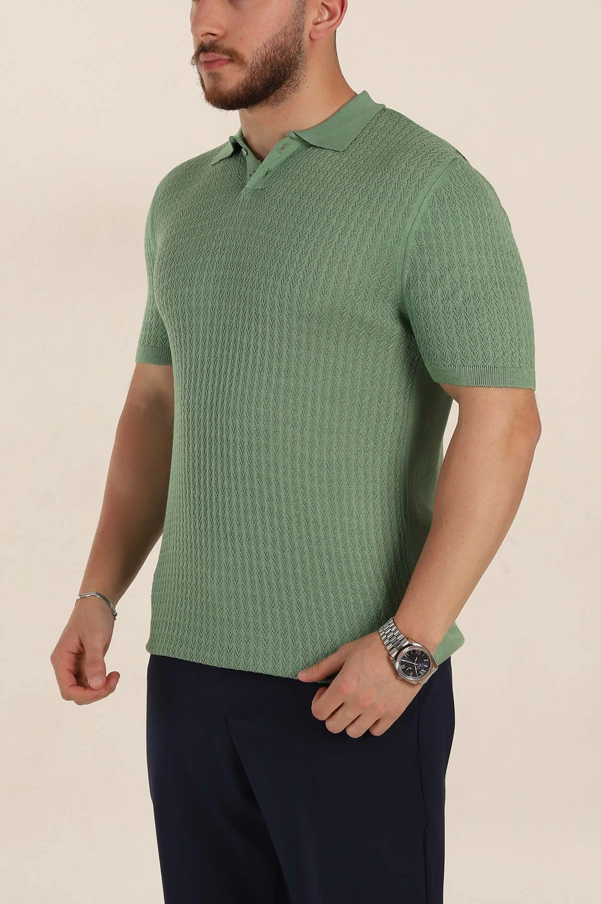 Yeşil Slim Fit Desenli Düğmeli Polo Yaka Erkek Tişört 358317