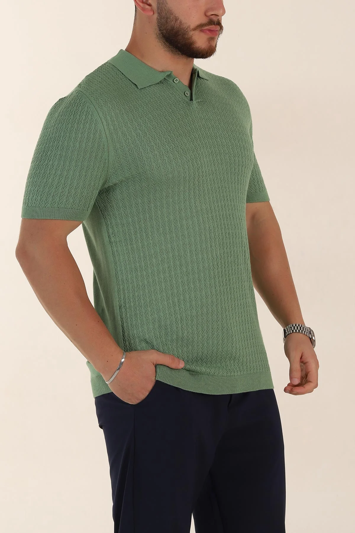 Yeşil Slim Fit Desenli Düğmeli Polo Yaka Erkek Tişört 358317