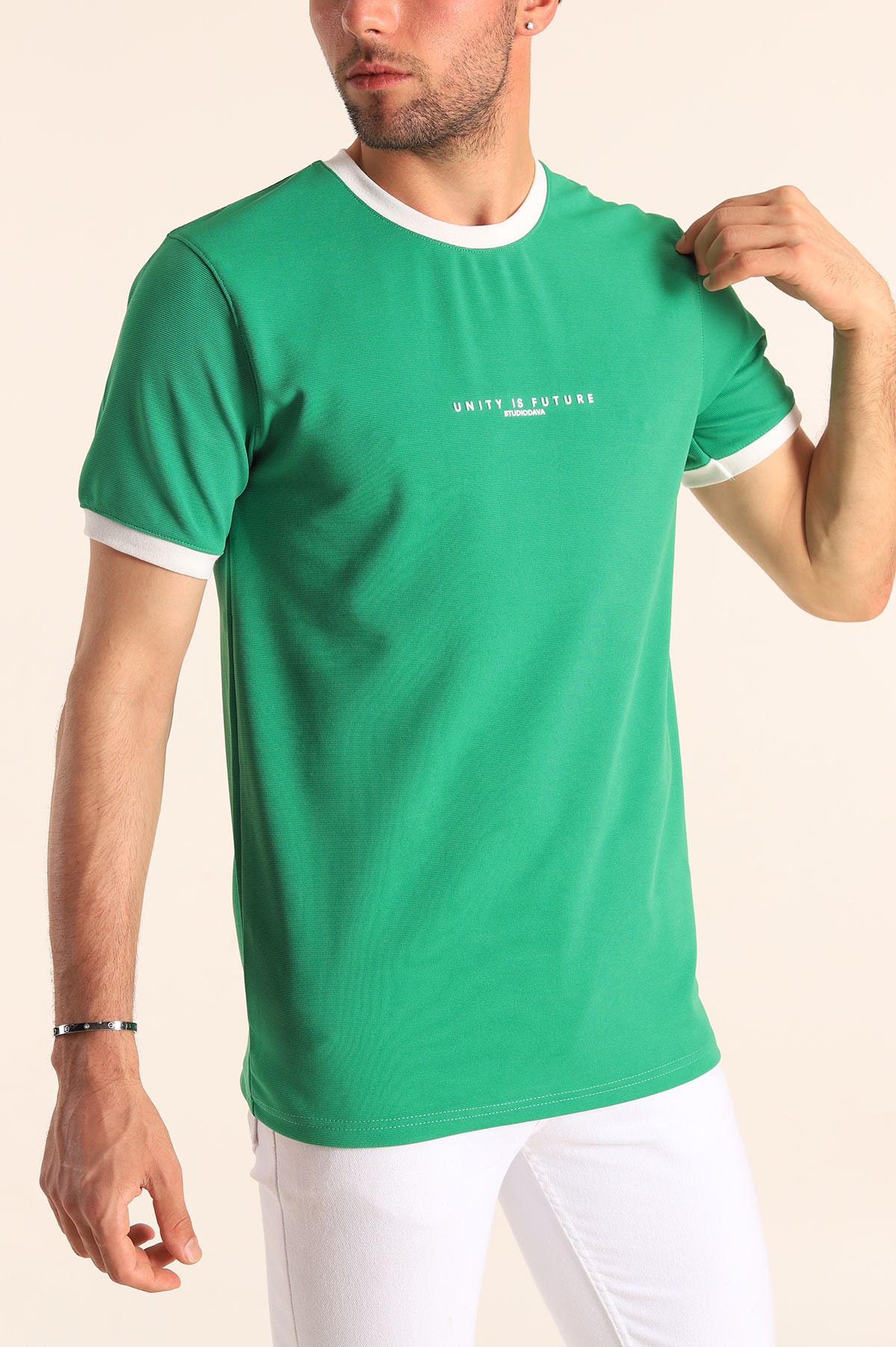 Yeşil Slim Fit Kabartma Yazılı Erkek Tişört 186798