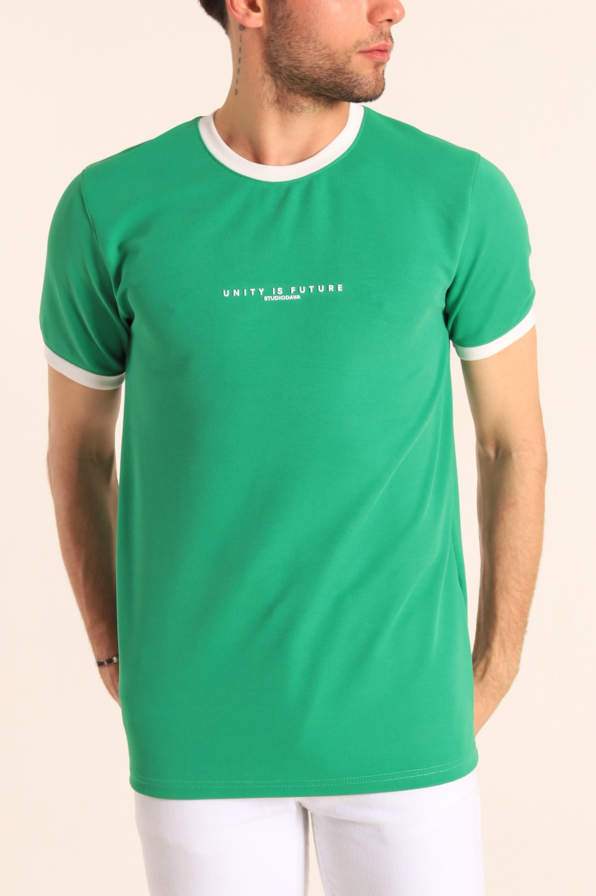 Yeşil Slim Fit Kabartma Yazılı Erkek Tişört 186798