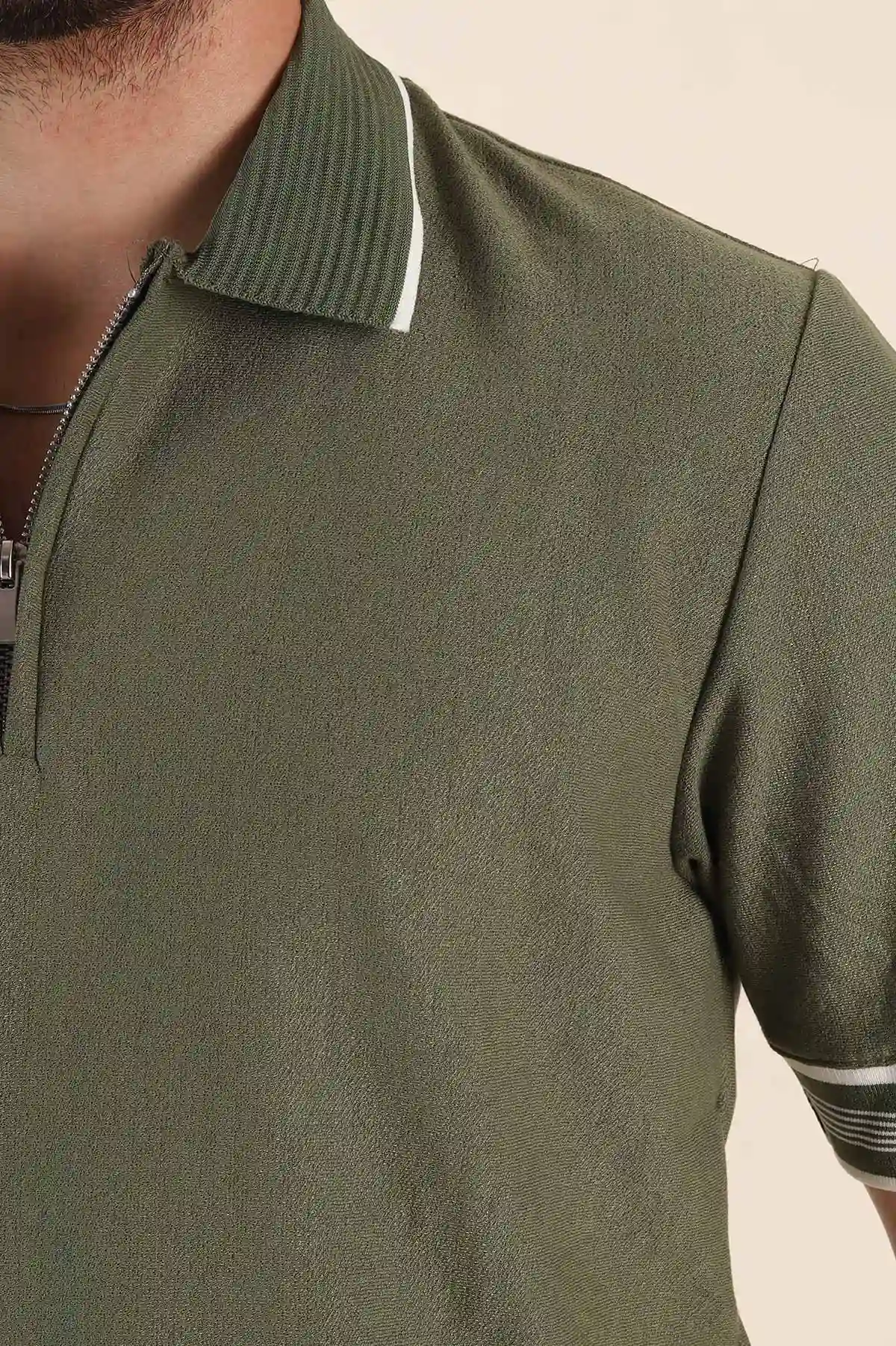 Yeşil Slim Fit Kol Detaylı Fermuarlı Polo Yaka Erkek Triko Tişört 369512