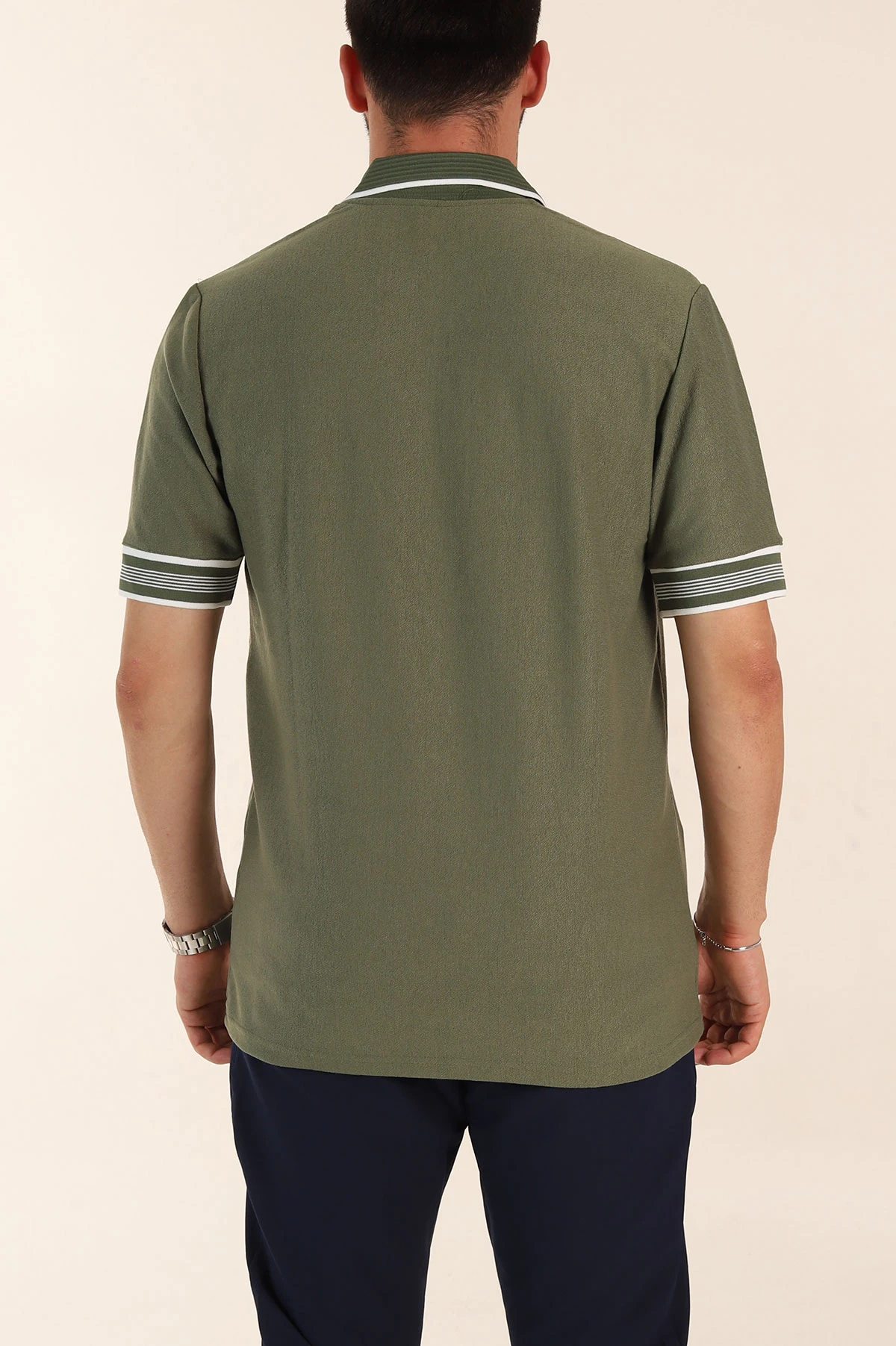 Yeşil Slim Fit Kol Detaylı Fermuarlı Polo Yaka Erkek Triko Tişört 369512