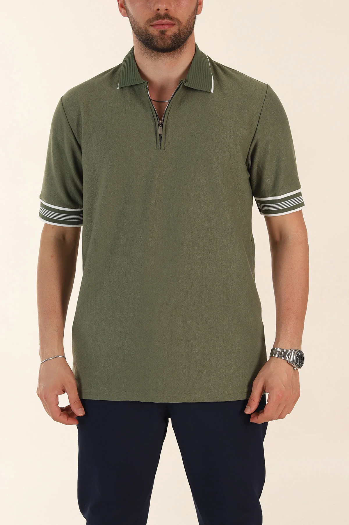 Yeşil Slim Fit Kol Detaylı Fermuarlı Polo Yaka Erkek Triko Tişört 369512