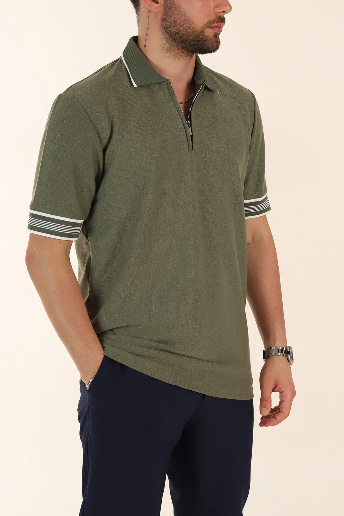Yeşil Slim Fit Kol Detaylı Fermuarlı Polo Yaka Erkek Triko Tişört 369512