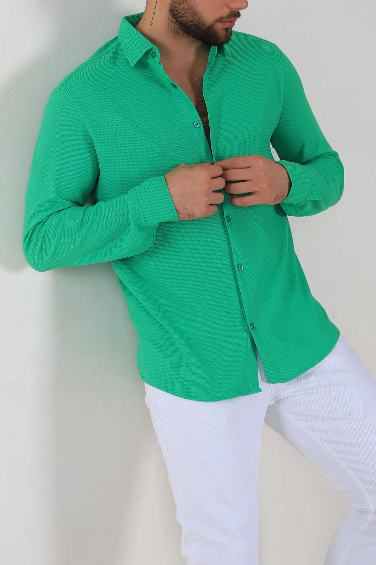 Yeşil Slim Fit Petek Dokulu Uzun Kollu Erkek Gömlek 325212