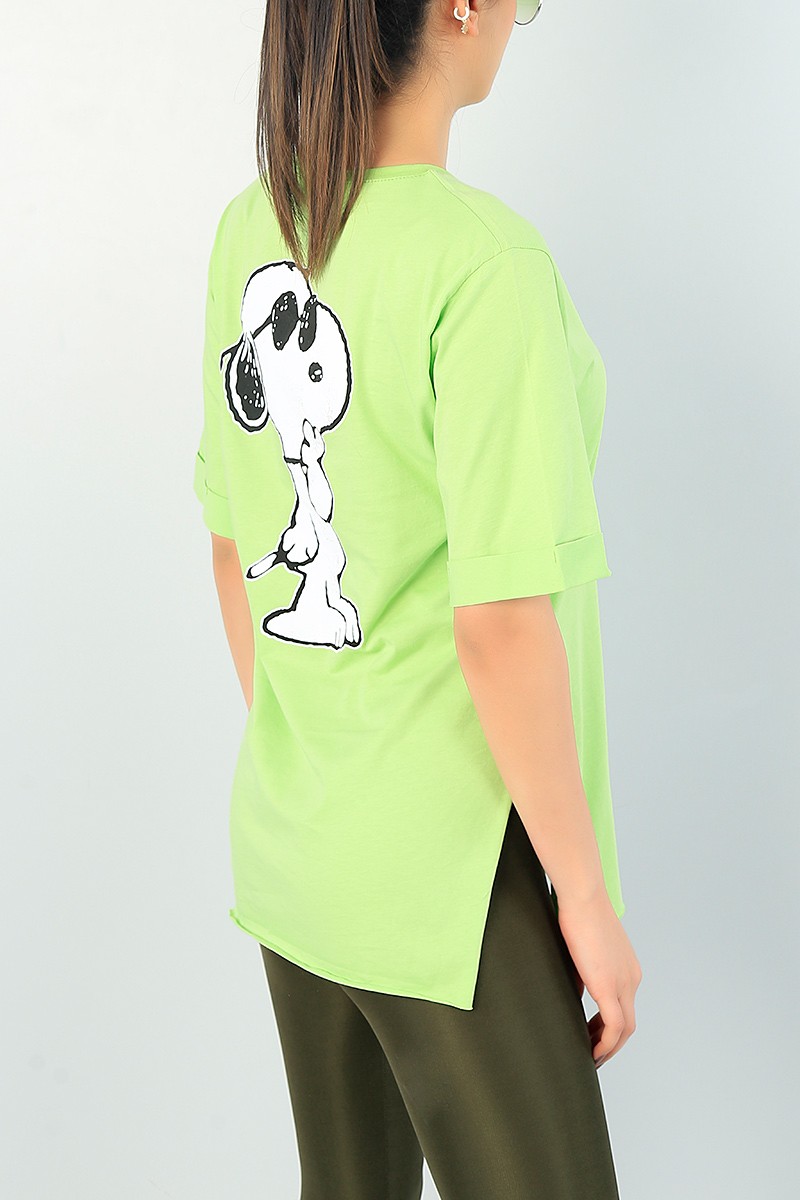 Yeşil Snoopy Baskılı Duble Kol Bayan Tişört 65204