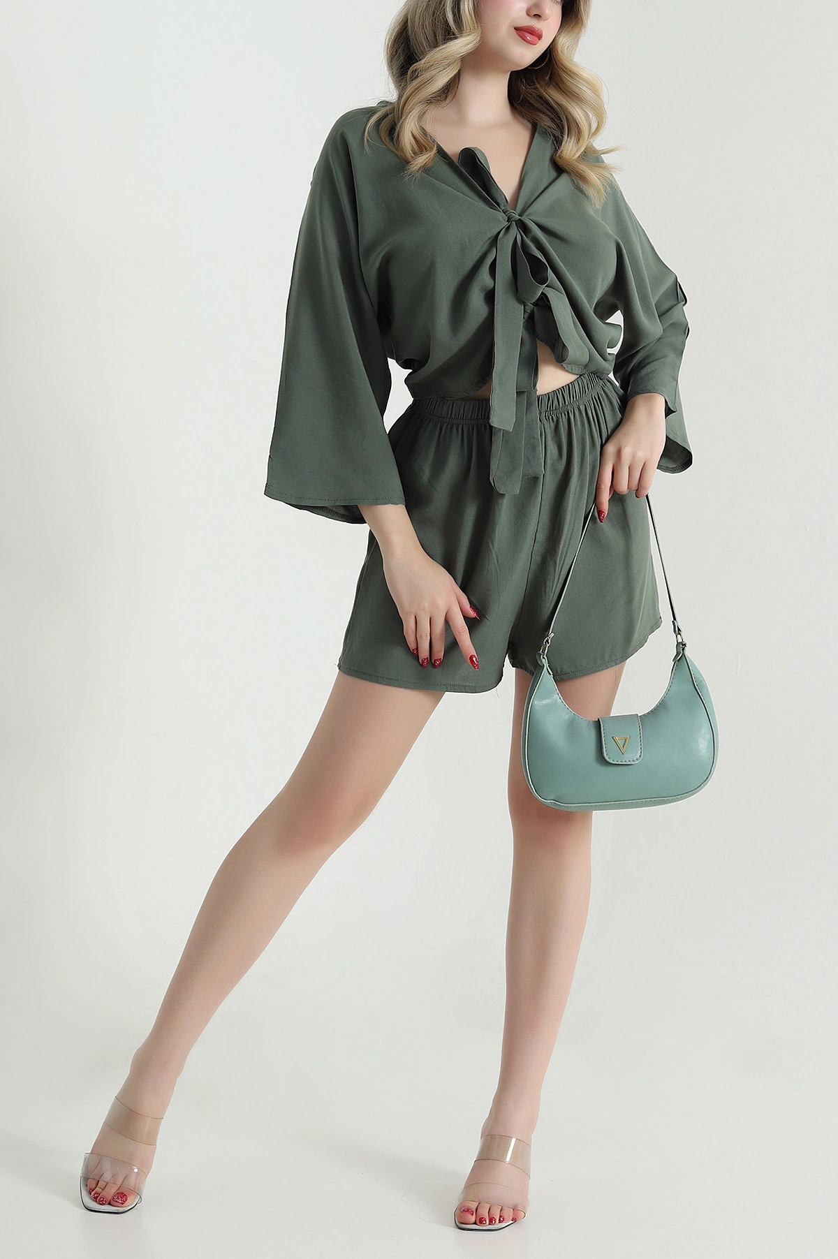 Yeşil Şortlu Kimono Viskon Kadın İkili Takım 473832