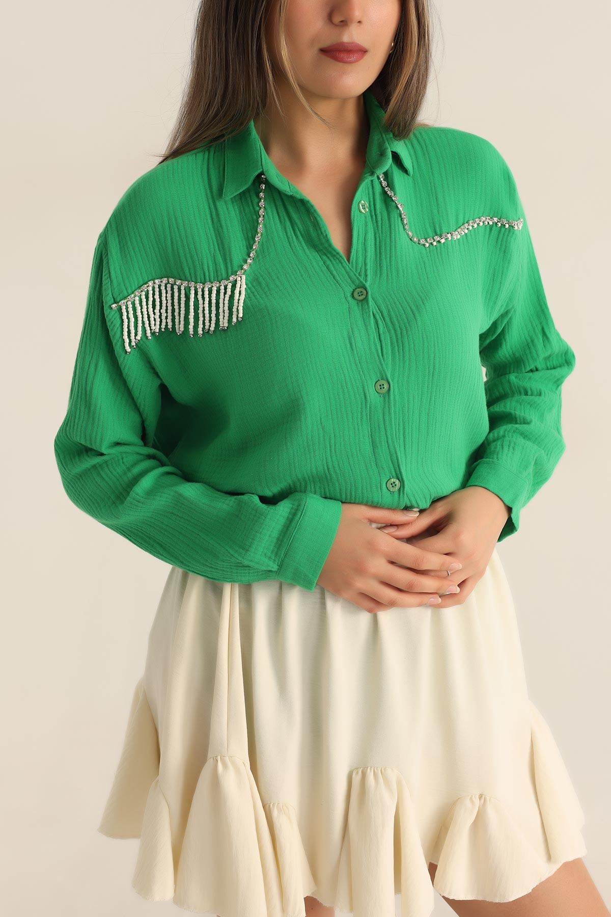 Yeşil Taş İşlemeli Keten Bayan Gömlek 185081
