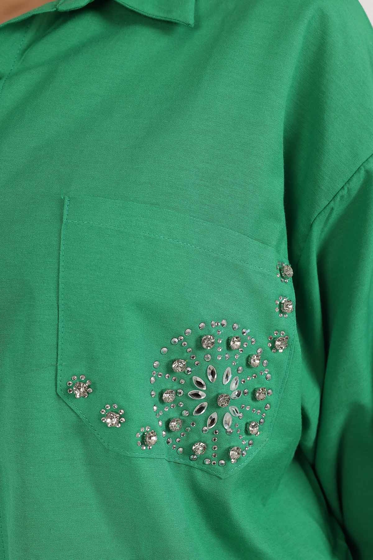 Yeşil Taş İşlemeli Poplin Dokuma Gömlek Tunik 159250
