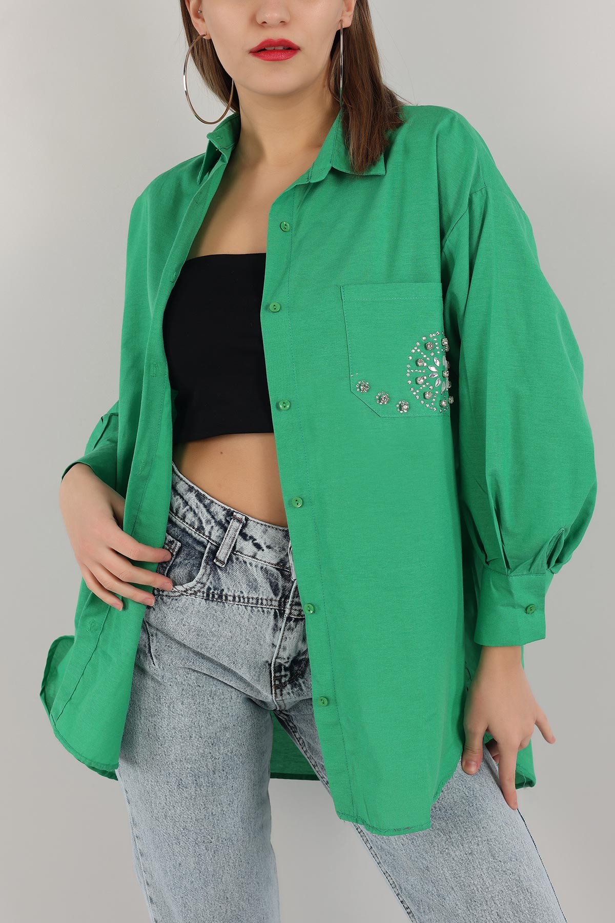 Yeşil Taş İşlemeli Poplin Dokuma Gömlek Tunik 159250