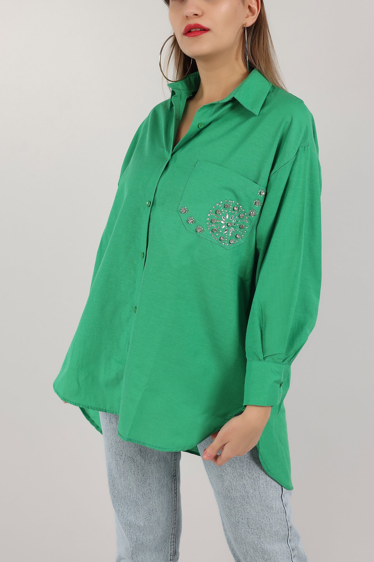 Yeşil Taş İşlemeli Poplin Dokuma Gömlek Tunik 159250