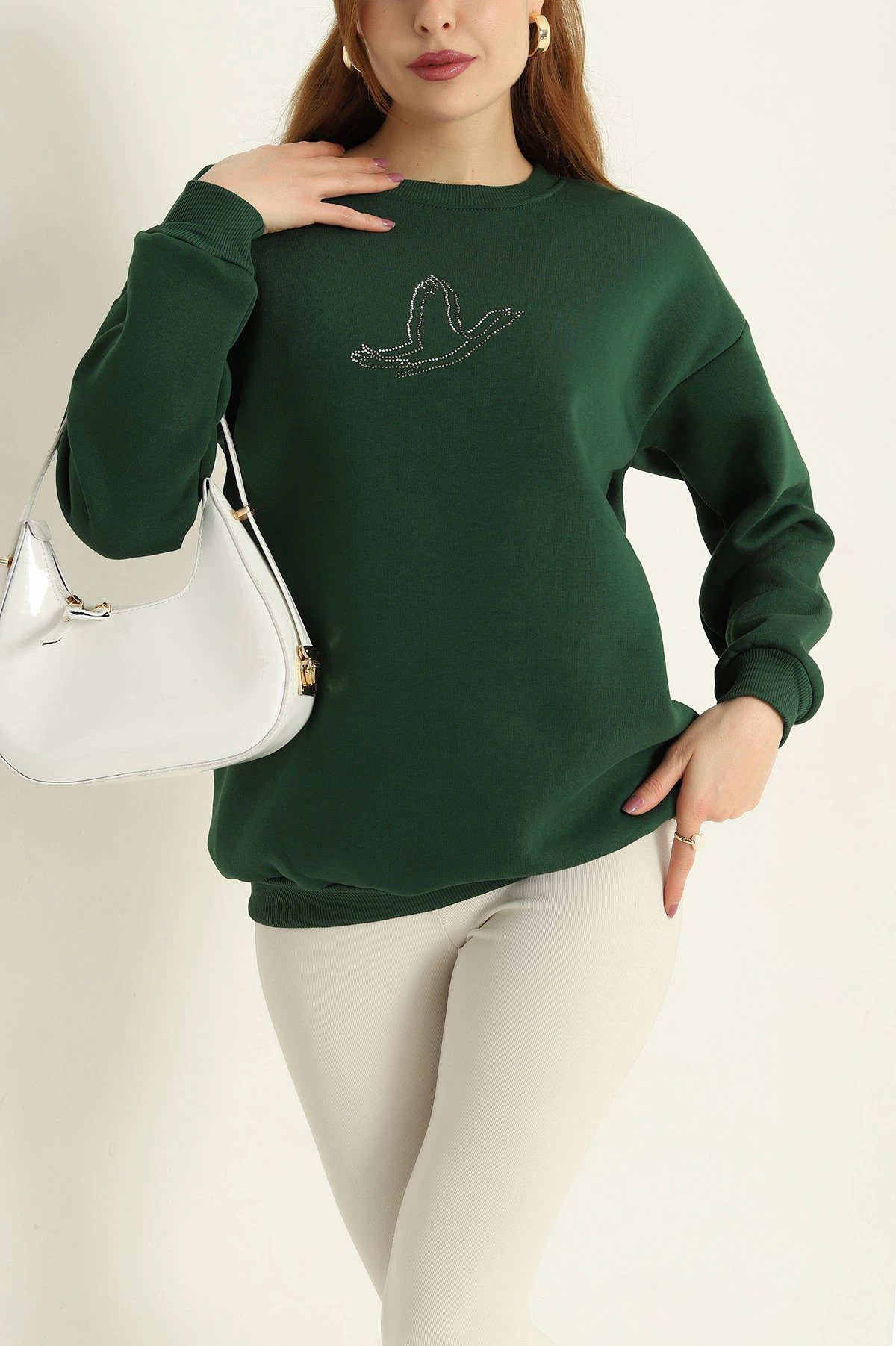 Yeşil Taş İşlemeli Şardonlu Üç İp Sweat 332358