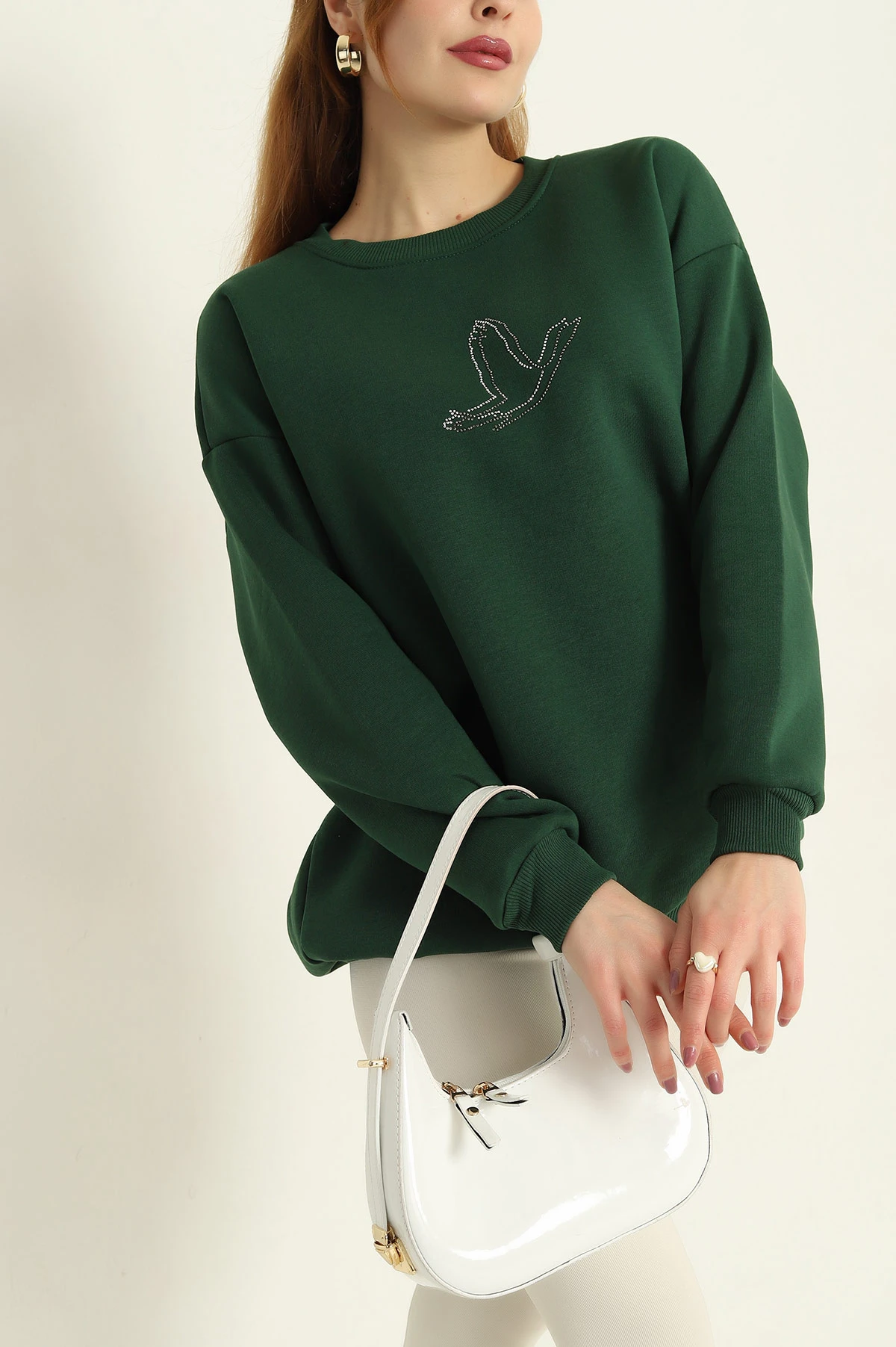 Yeşil Taş İşlemeli Şardonlu Üç İp Sweat 332358