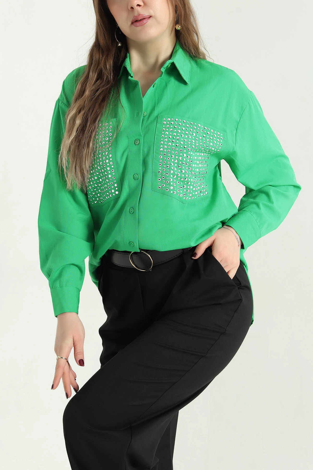 Yeşil Taşlı Çift Cep Poplin Gömlek 341252